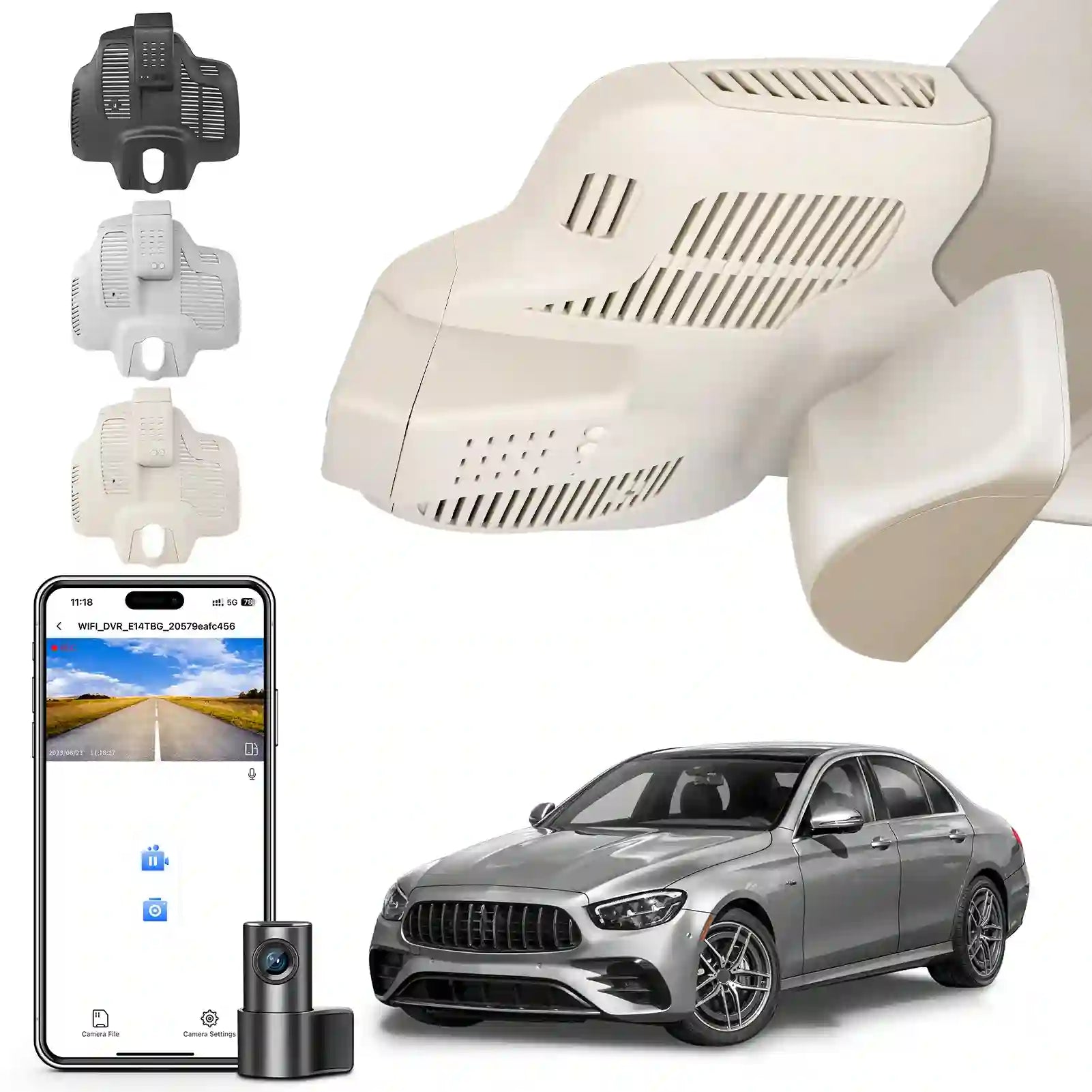 Front 4K and Rear 1080p Dash Cam for Mercedes-Benz E-Class W213 Gen5 E-Class 2017-2023 & E53 E63 AMG 2018-2024(Model C Beige), OEM Look, WiFi & APP, Loop Recording, G-Sensor, GPS, 128GB Card