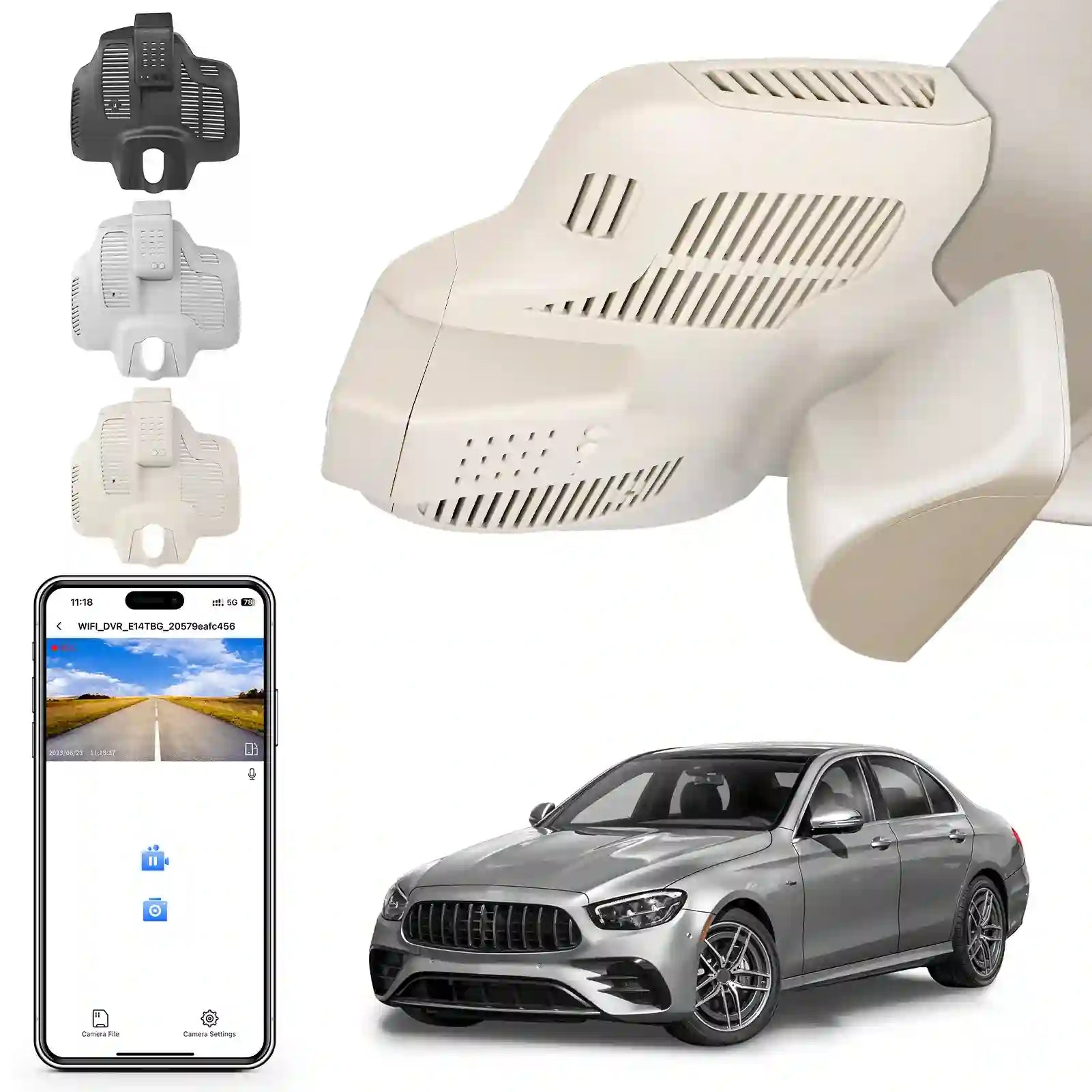 Car dashboard camera, smartphone app, car, and additional camera parts on a white background