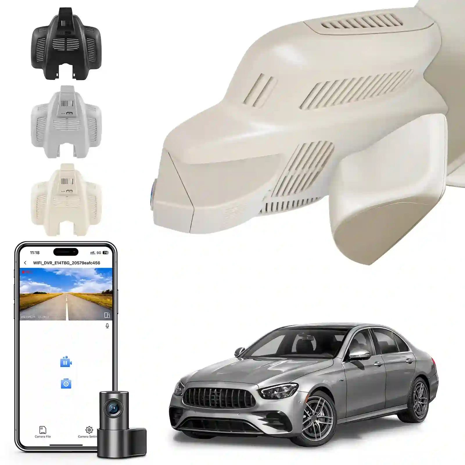 Front 4K and Rear 1080p Dash Cam for Mercedes-Benz E-Class W213 Gen5 E-Class 2017-2023 & E53 E63 AMG 2018-2024(Model D Beige), OEM Look, WiFi & APP, Loop Recording, G-Sensor, GPS, 128GB Card