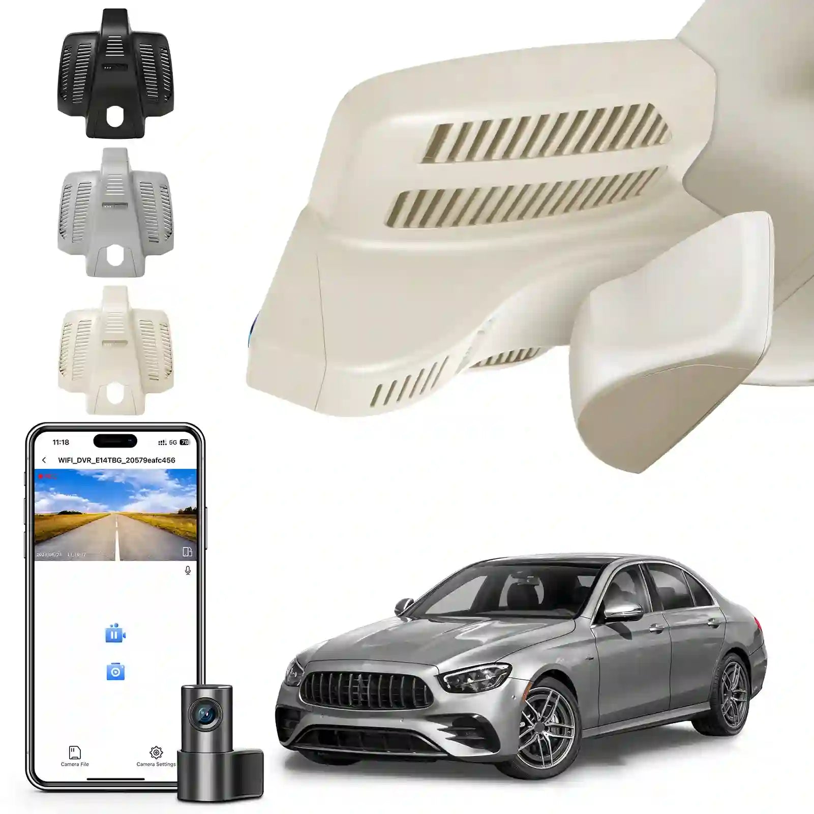 Car camera system with smartphone app, car, and various camera parts 