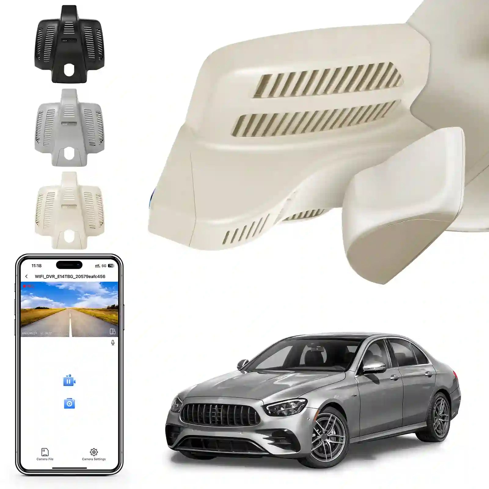 Front 4K and Rear 1080p Dash Cam for Mercedes-Benz E-Class W213 Gen5 E-Class 2017-2023 & E53 E63 AMG 2018-2024(Model E Beige), OEM Look, WiFi & APP, Loop Recording, G-Sensor, GPS, 128GB Card