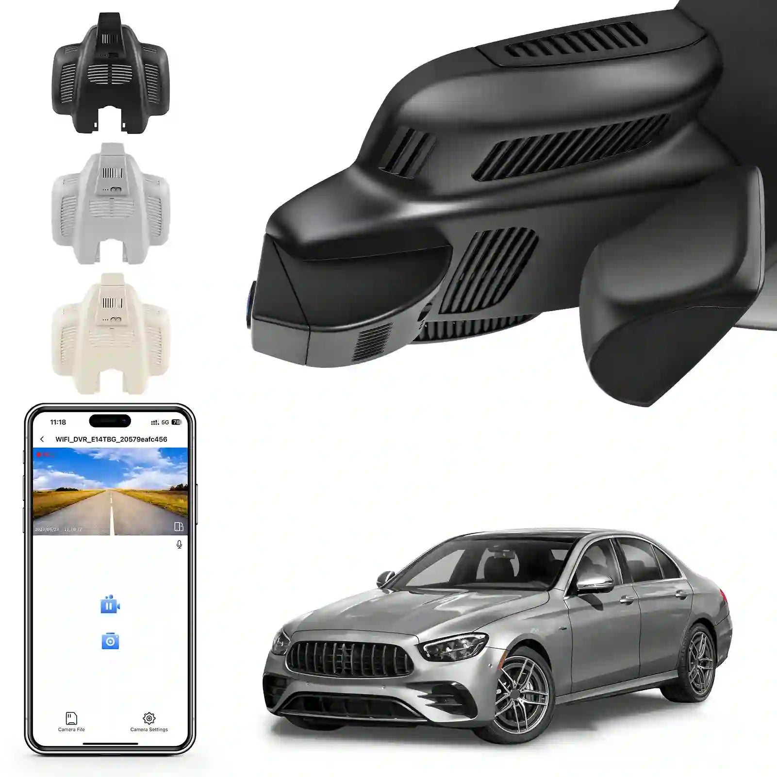 Car dashboard camera with smartphone app, car, and different camera styles 
