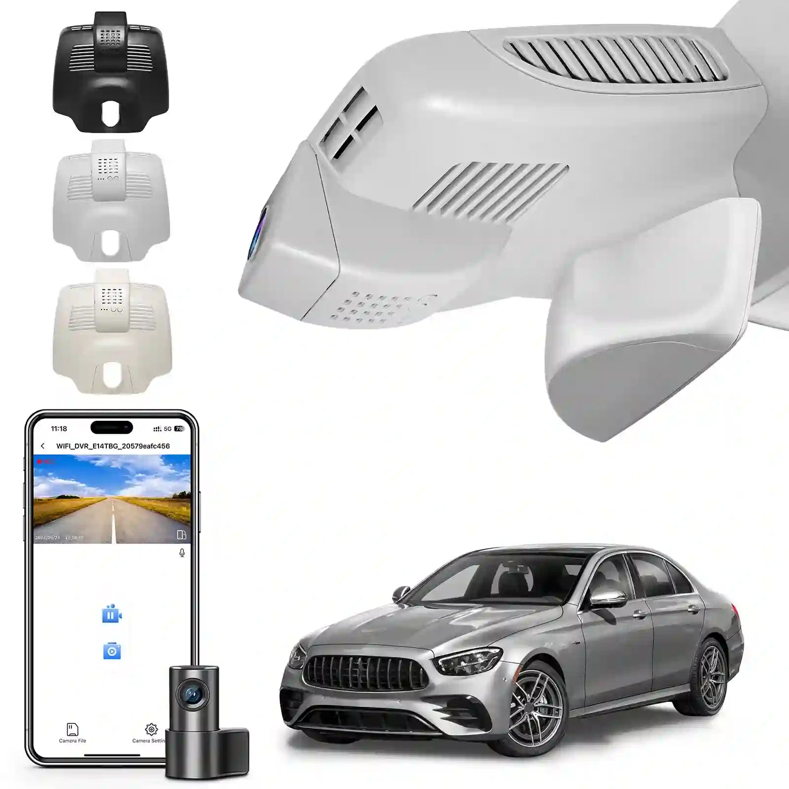 Front 4K and Rear 1080p Dash Cam for Mercedes-Benz E-Class W213 Gen5 E-Class 2017-2023 & E53 E63 AMG 2018-2024(Model B Gray), OEM Look, WiFi & APP, Loop Recording, G-Sensor, GPS, 128GB Card