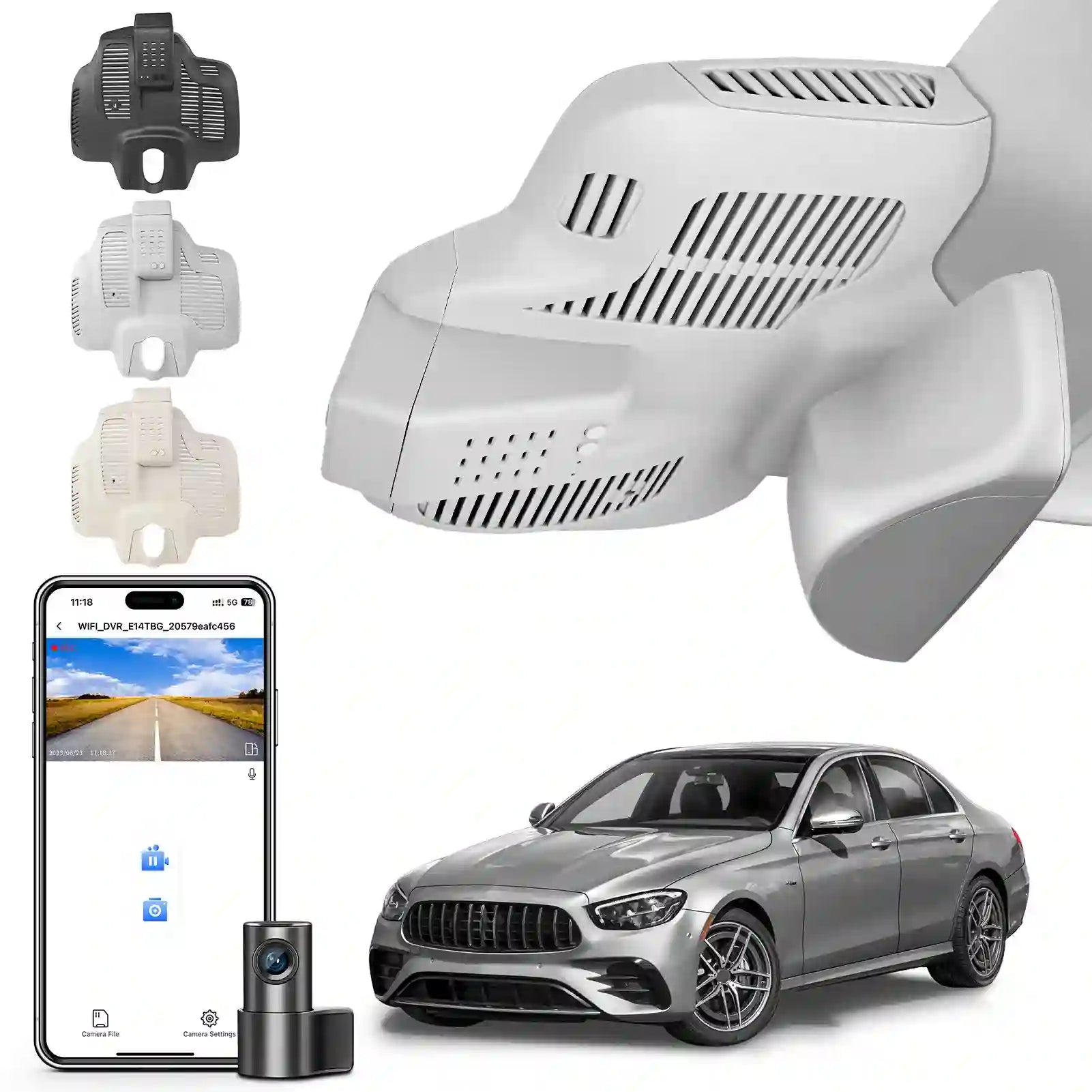 Front 4K and Rear 1080p Dash Cam for Mercedes-Benz E-Class W213 Gen5 E-Class 2017-2023 & E53 E63 AMG 2018-2024(Model C Gray), OEM Look, WiFi & APP, Loop Recording, G-Sensor, GPS, 128GB Card