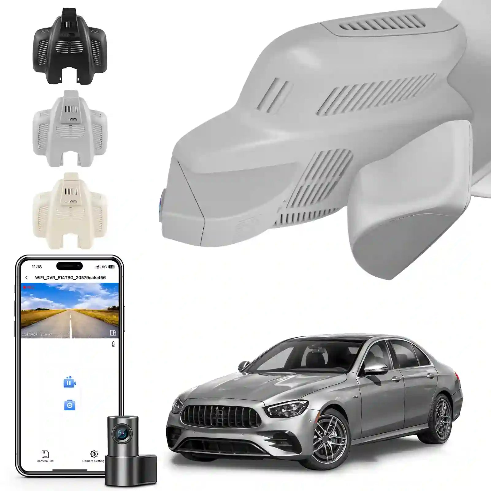 Front 4K and Rear 1080p Dash Cam for Mercedes-Benz E-Class W213 Gen5 E-Class 2017-2023 & E53 E63 AMG 2018-2024(Model D Gray), OEM Look, WiFi & APP, Loop Recording, G-Sensor, GPS, 128GB Card