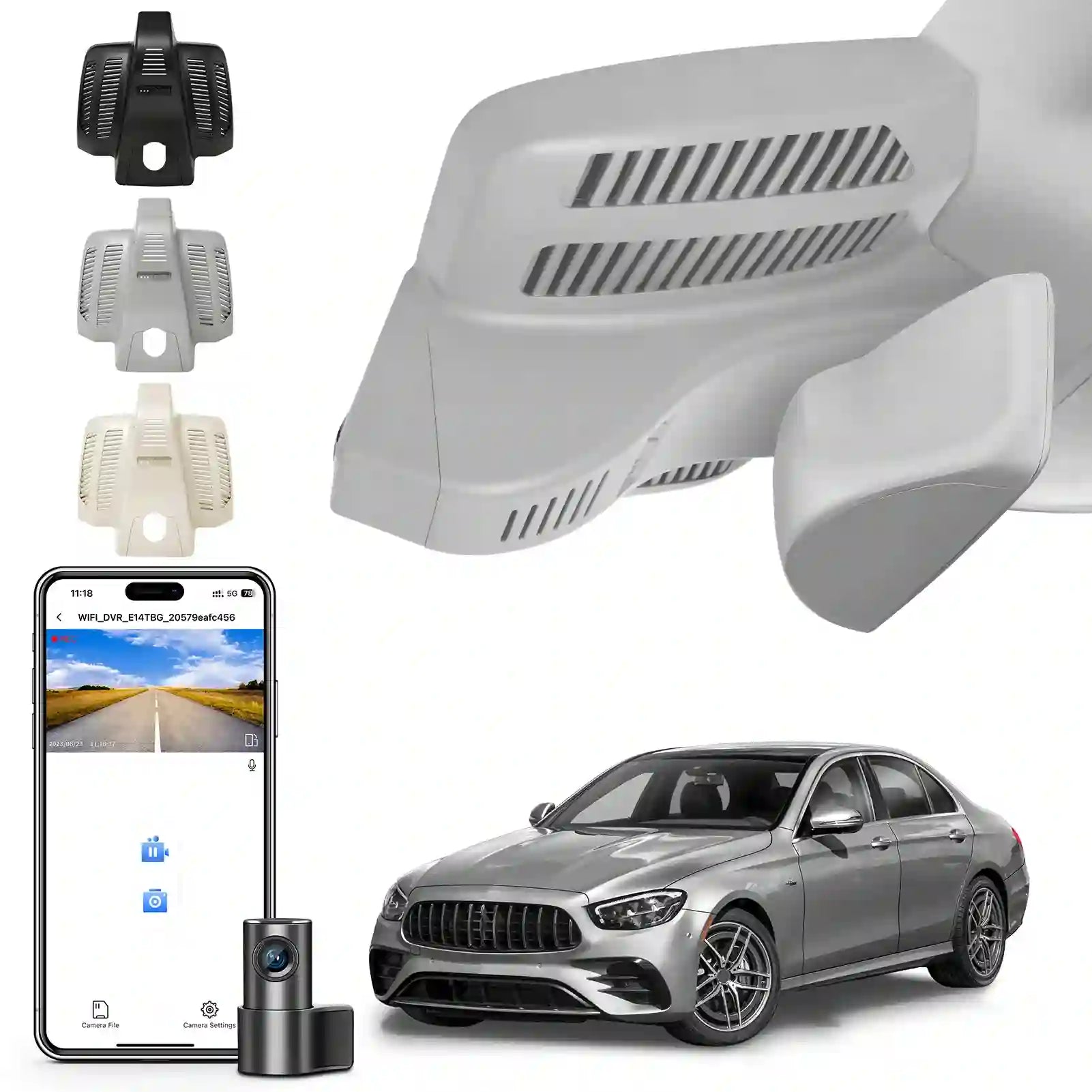 Front 4K and Rear 1080p Dash Cam for Mercedes-Benz E-Class W213 Gen5 E-Class 2017-2023 & E53 E63 AMG 2018-2024(Model E Gray), OEM Look, WiFi & APP, Loop Recording, G-Sensor, GPS, 128GB Card