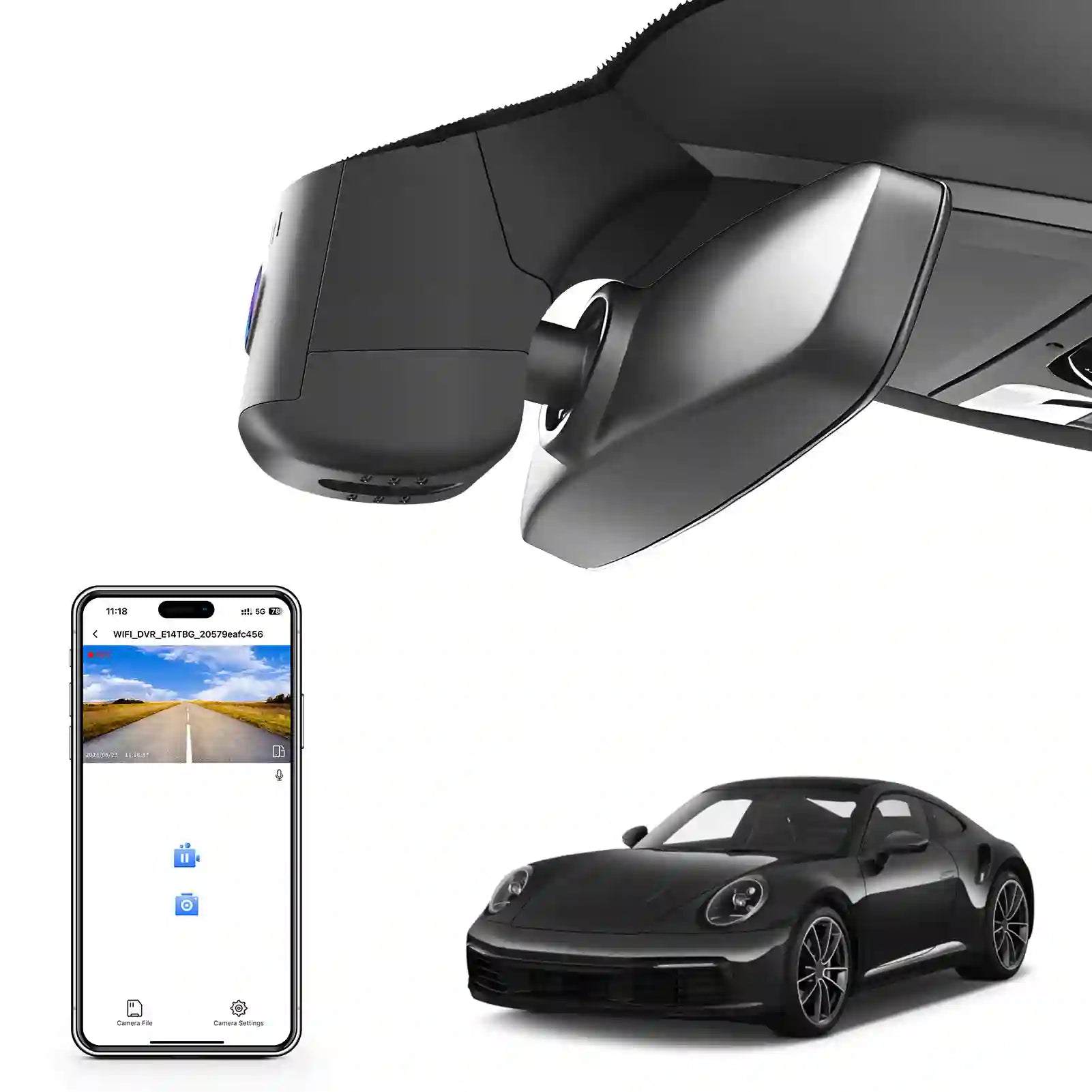 Car dashboard camera, smartphone app, and black car on a white background porsche one channel camera 