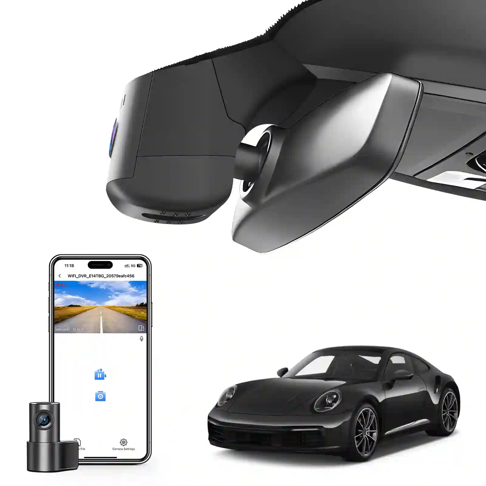 Car dashboard camera, smartphone displaying camera feed Porsche mangoal 