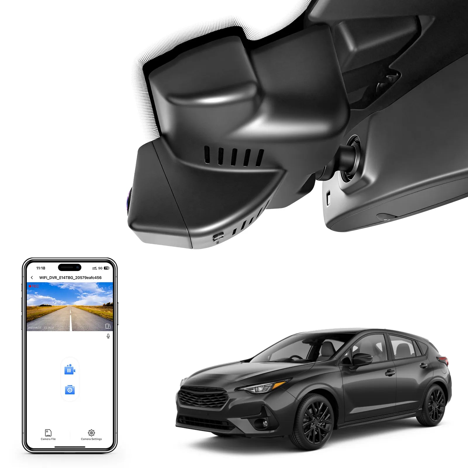 Car dashboard camera, smartphone with app interface, and black SUV by mangoal tech dasm camera