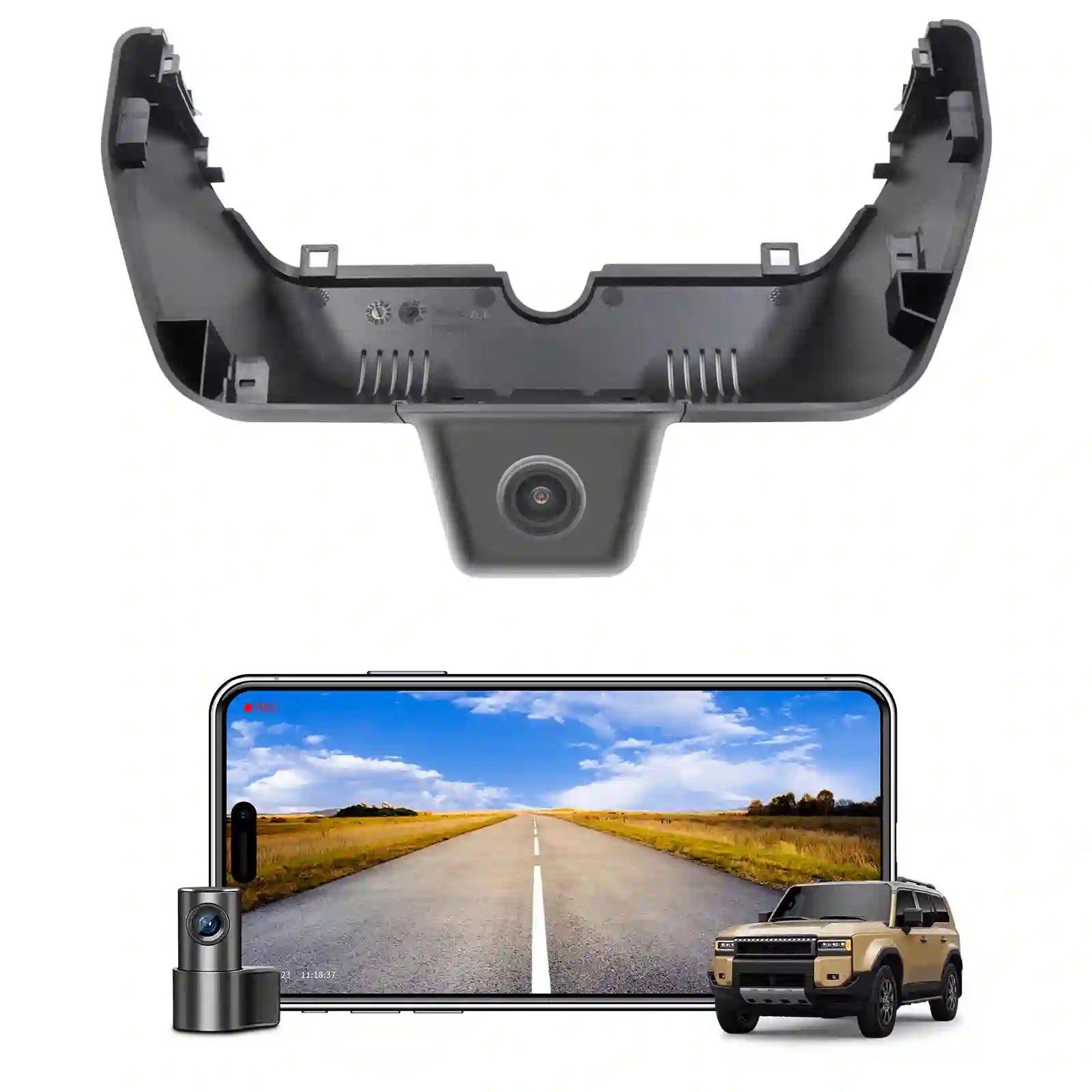 Car backup camera with a smartphone displaying a road view and a car on a white background.