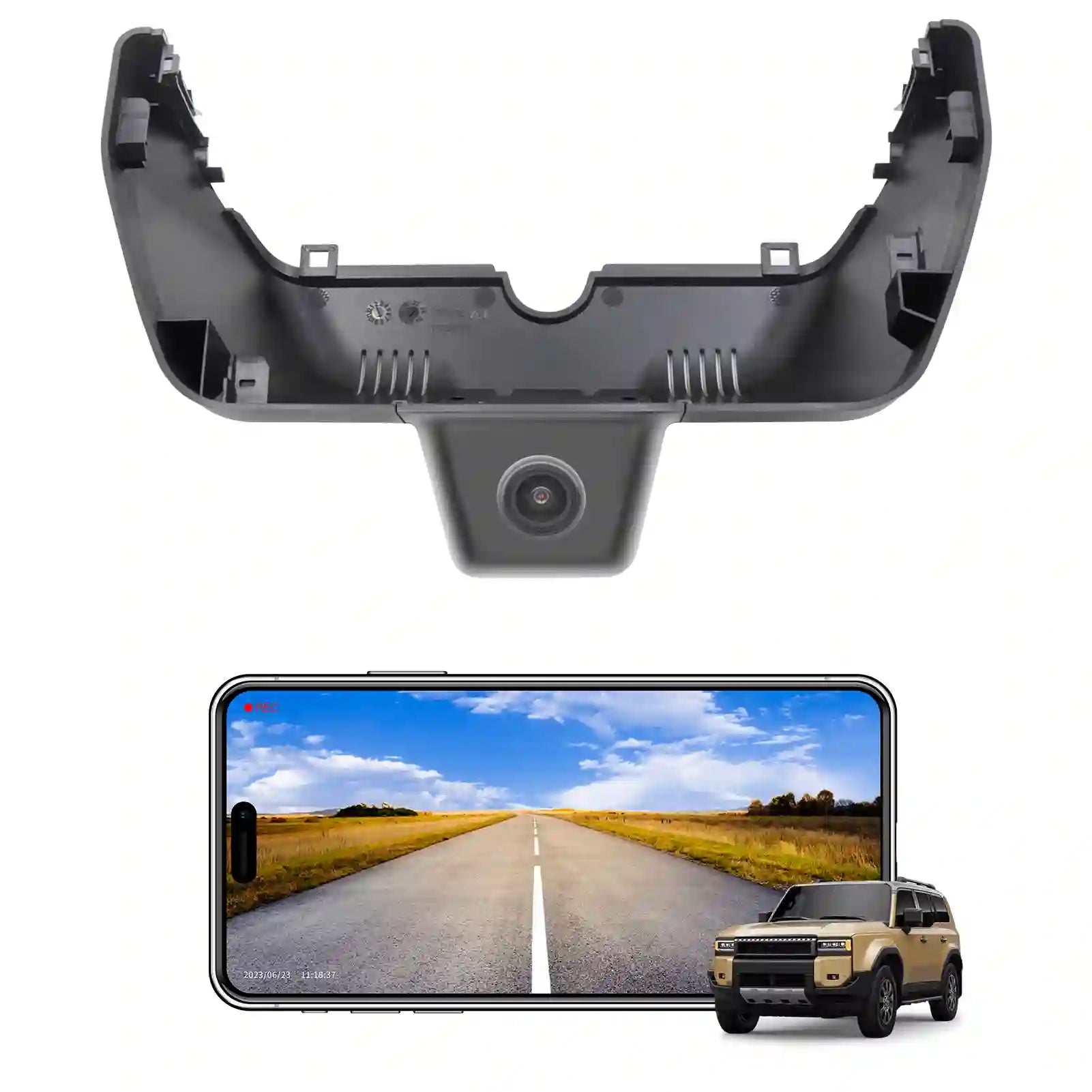 Car backup camera with a smartphone displaying a road view and a vehicle on a white background.