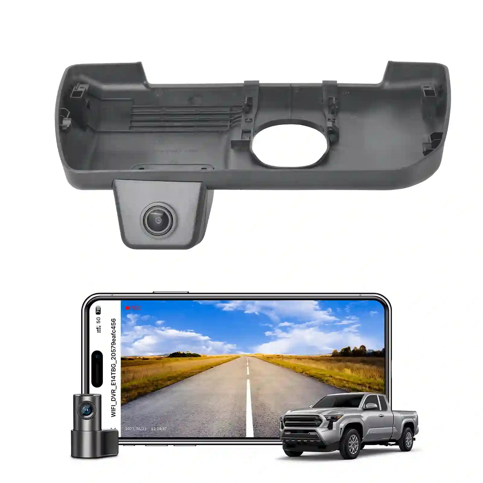 Car backup camera system with smartphone app displaying a road scene.