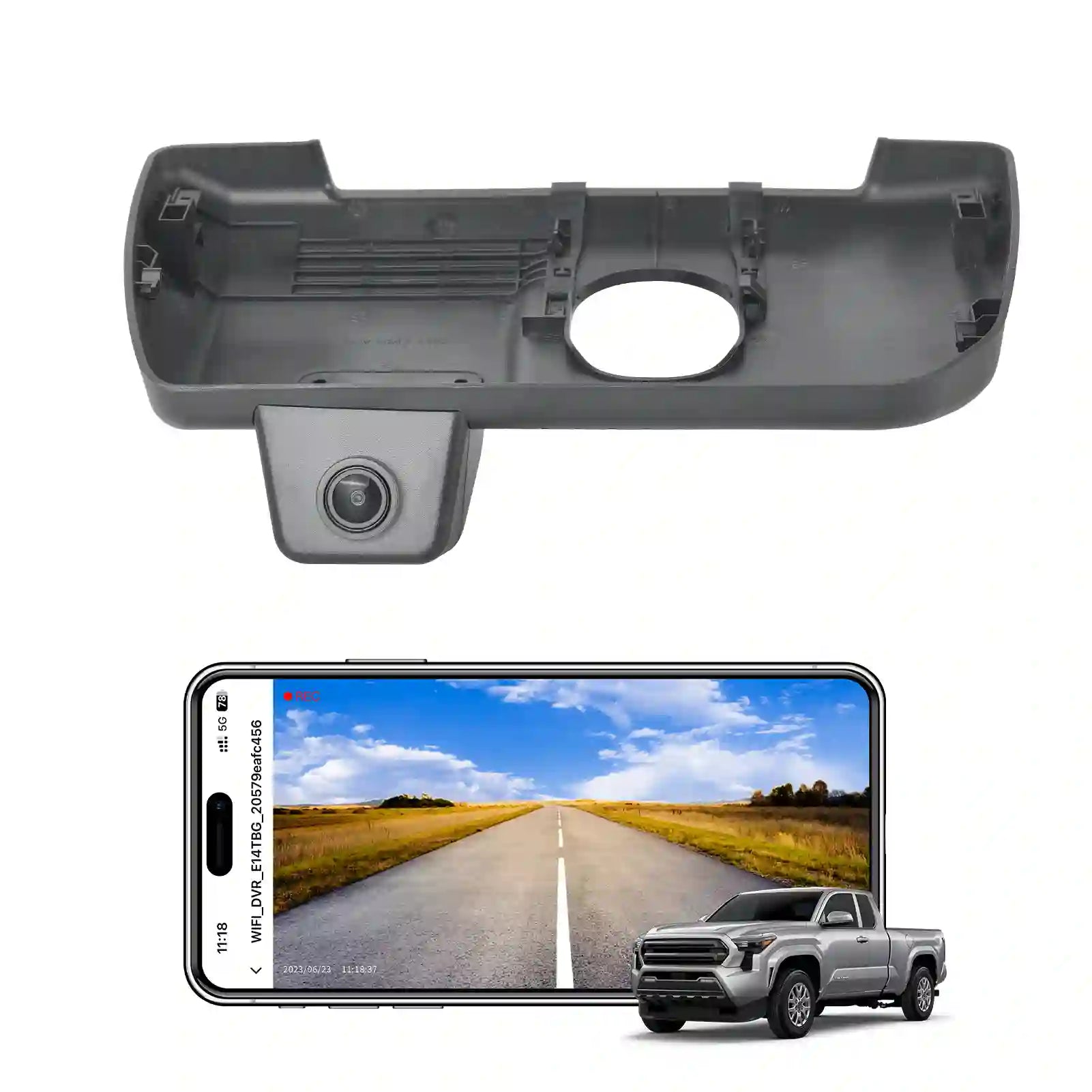Car backup camera with a smartphone displaying a road view and a truck in the background.
