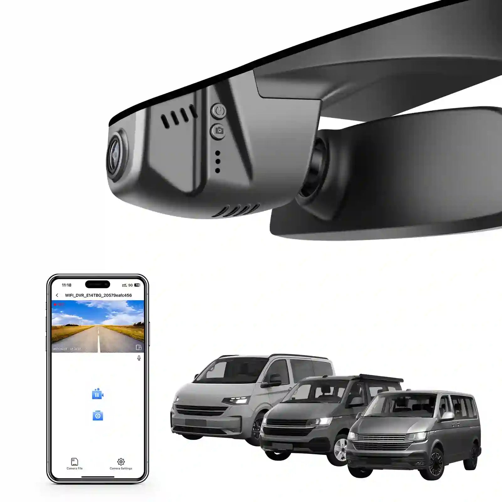 Car dashboard camera with smartphone displaying app interface and three cars in the background.