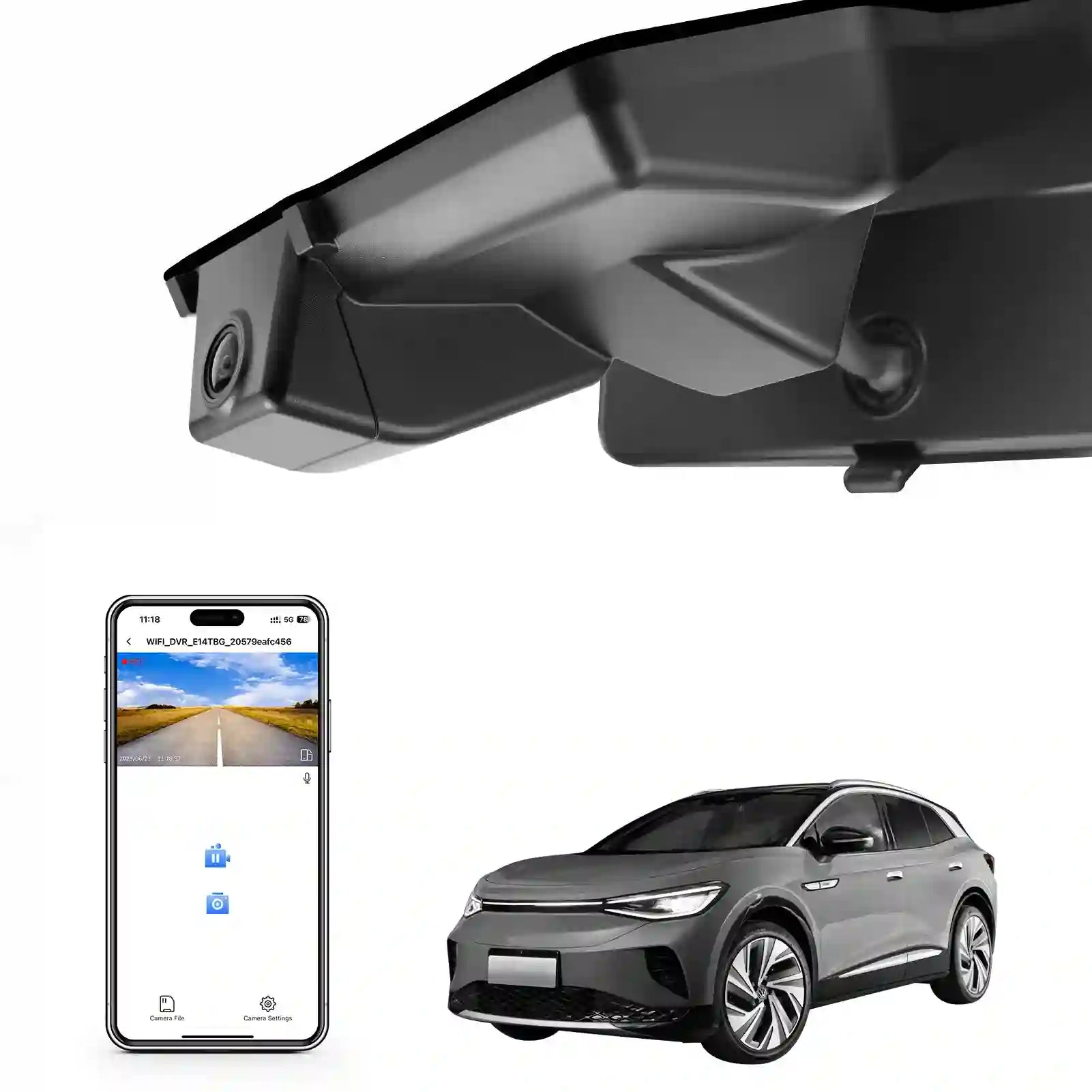 Volkawagen_ID.3 Car rearview camera with smartphone app and car model on a white background