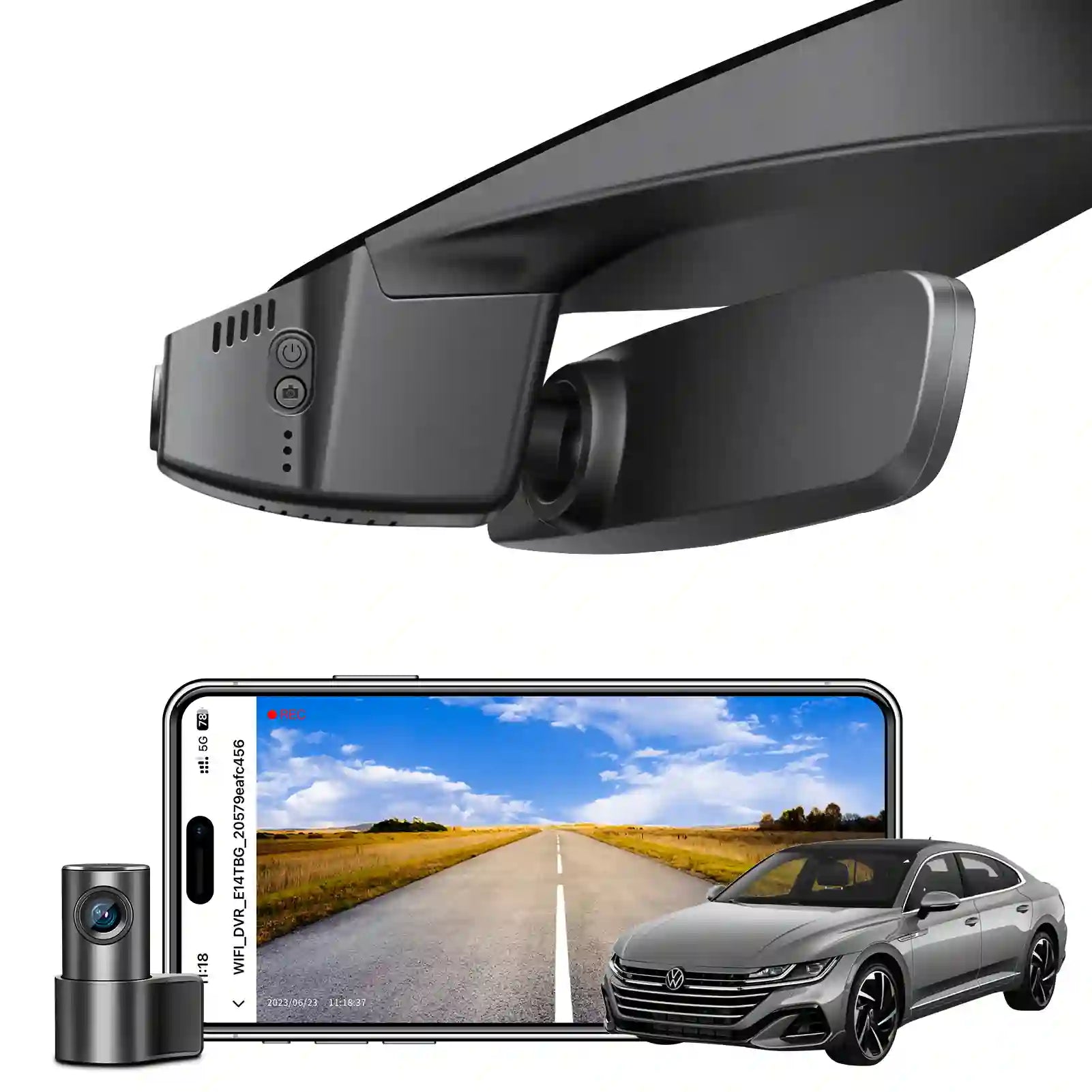 Car dashboard camera with smartphone displaying road view and car model in the background Arteon two channel dash camera 