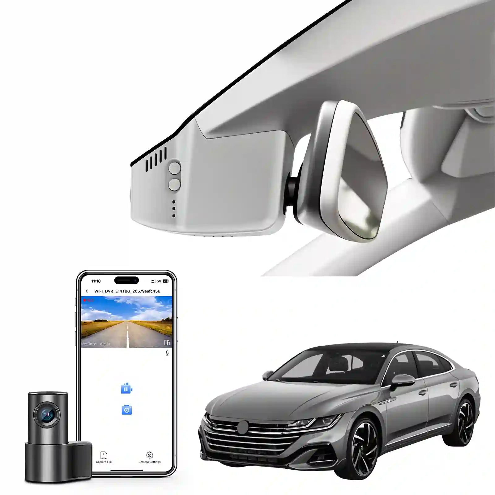 Car rearview mirror with camera, smartphone displaying camera feed, and a car two channel camera Volkswagen Taos model b two channel camera 