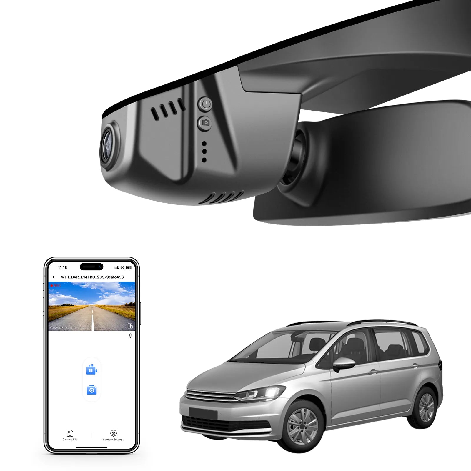 Car dashboard camera, smartphone app, and car on a white background