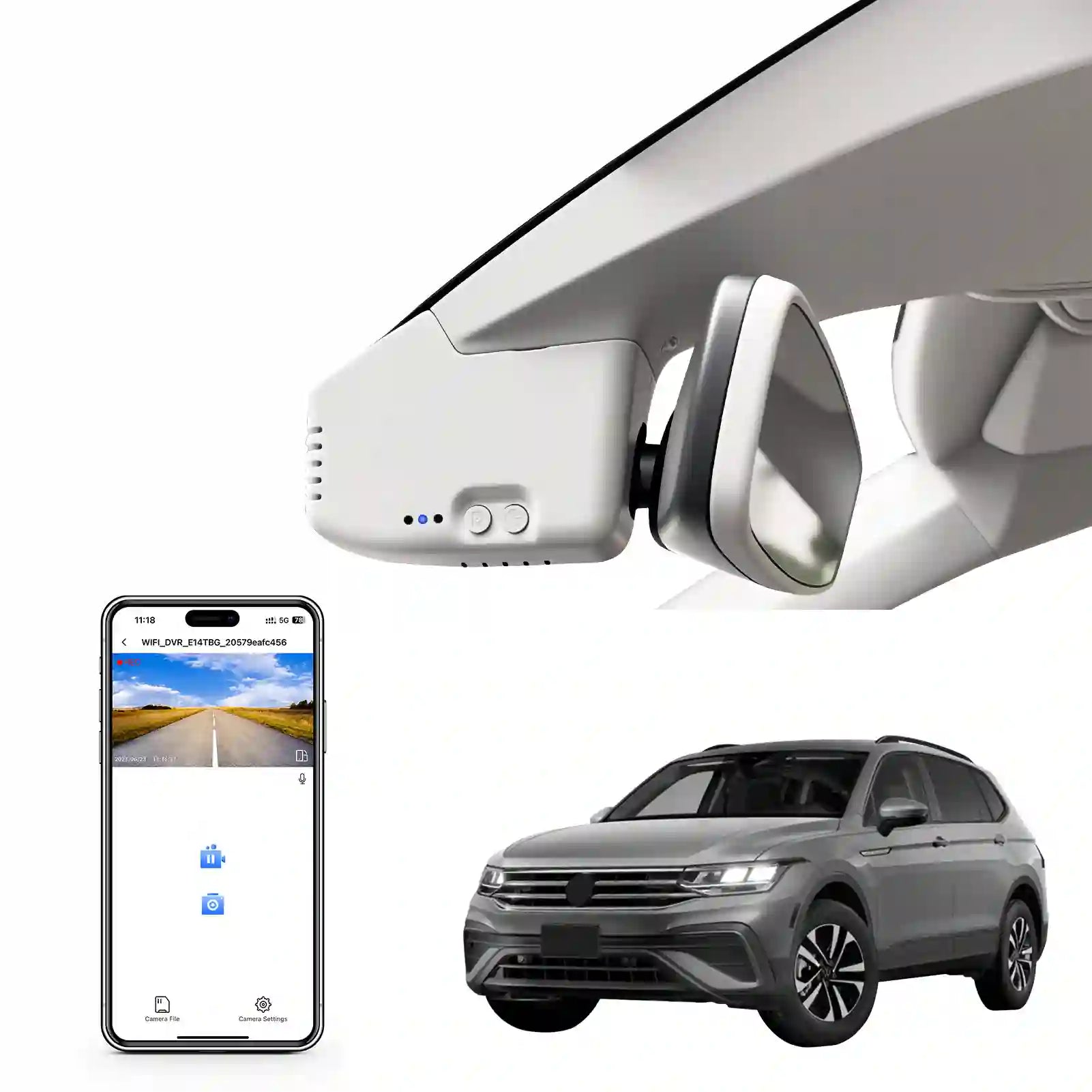 Car dashboard camera system with smartphone app interface and vehicle on a white background