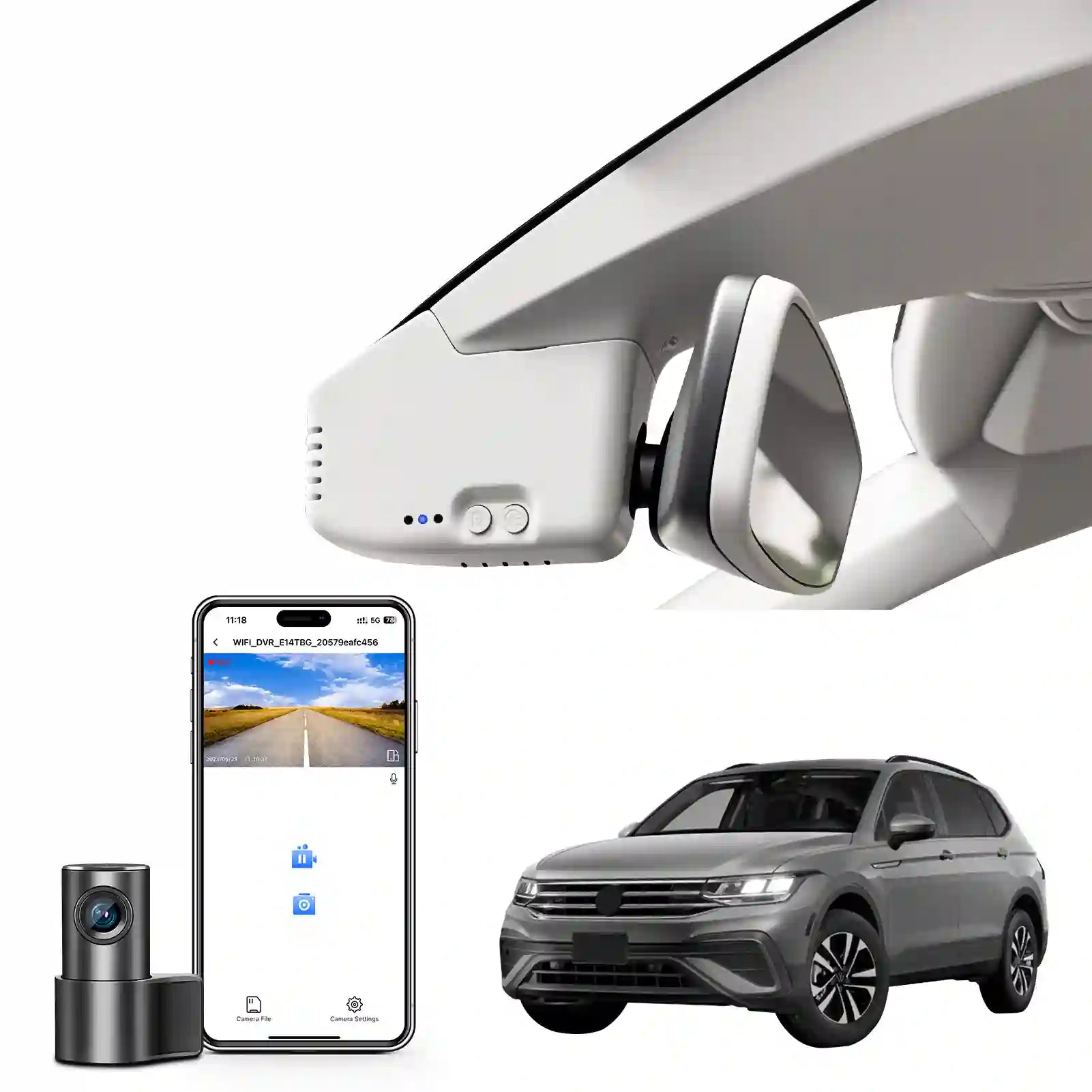 Car dashboard camera system with smartphone app, car, and small camera on a white background