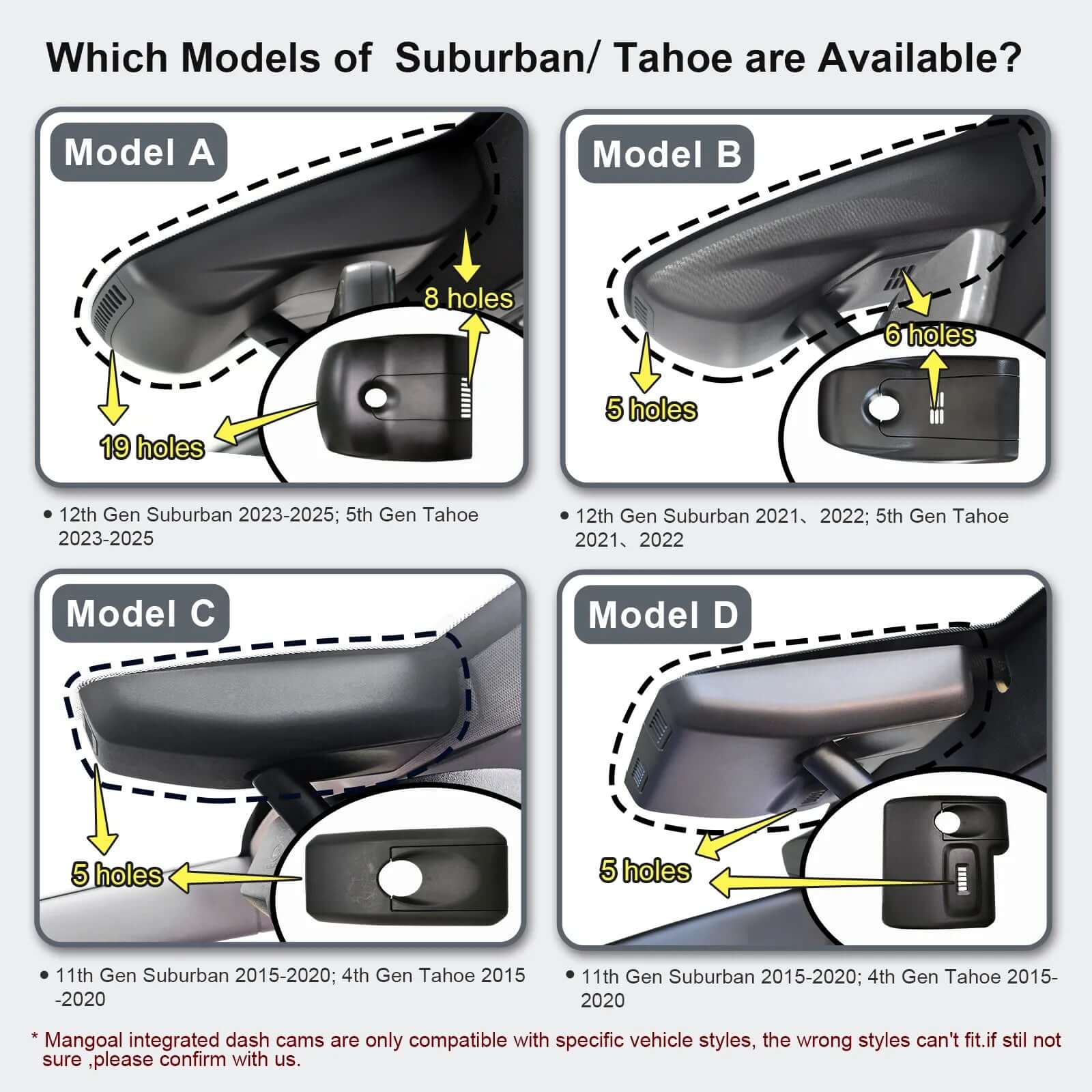Suburban tahoe Model-A OEM 4 different looks dash cam 