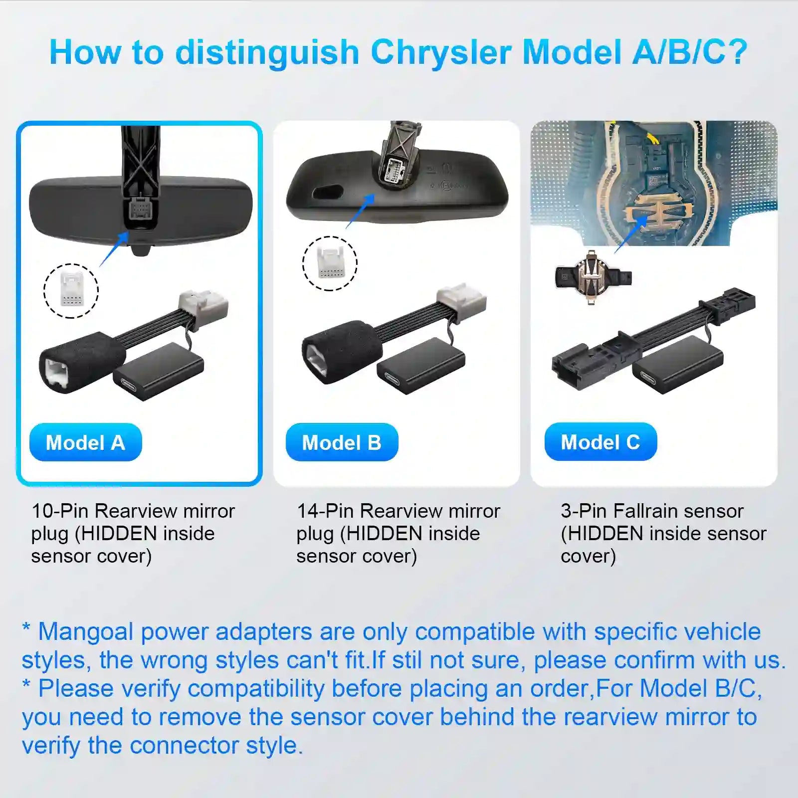 Dashcam Power Adapter Custom for Chrysler 3-Pin (Model C) for RAM Dodge Jeep and etc,GPS Radar Mirror Camera Dash Cam Charger Adapter Cable,Hide The Wires,Connect Rainfall Sensor(Hidden)