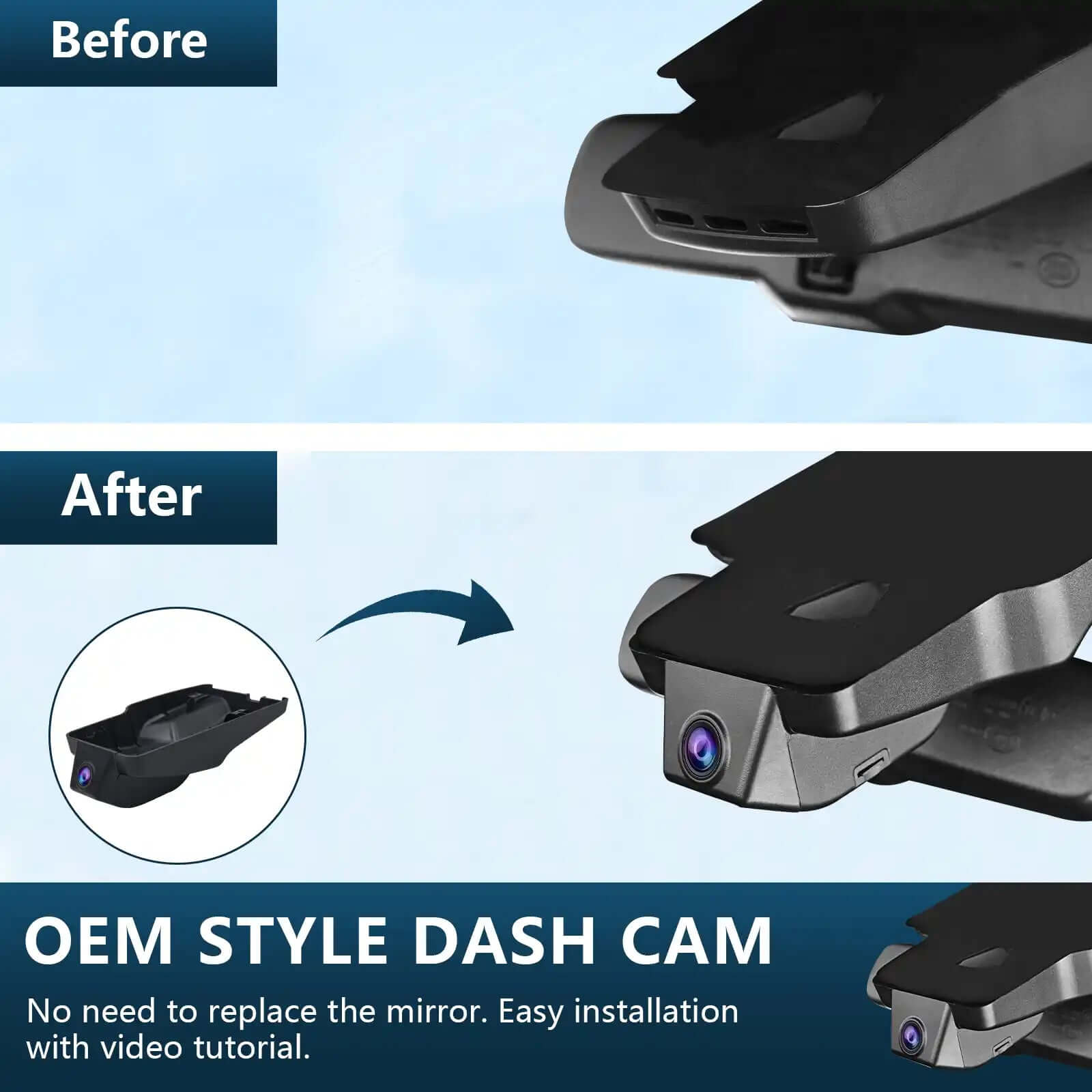 OEM style dash cam appearance before and after installation