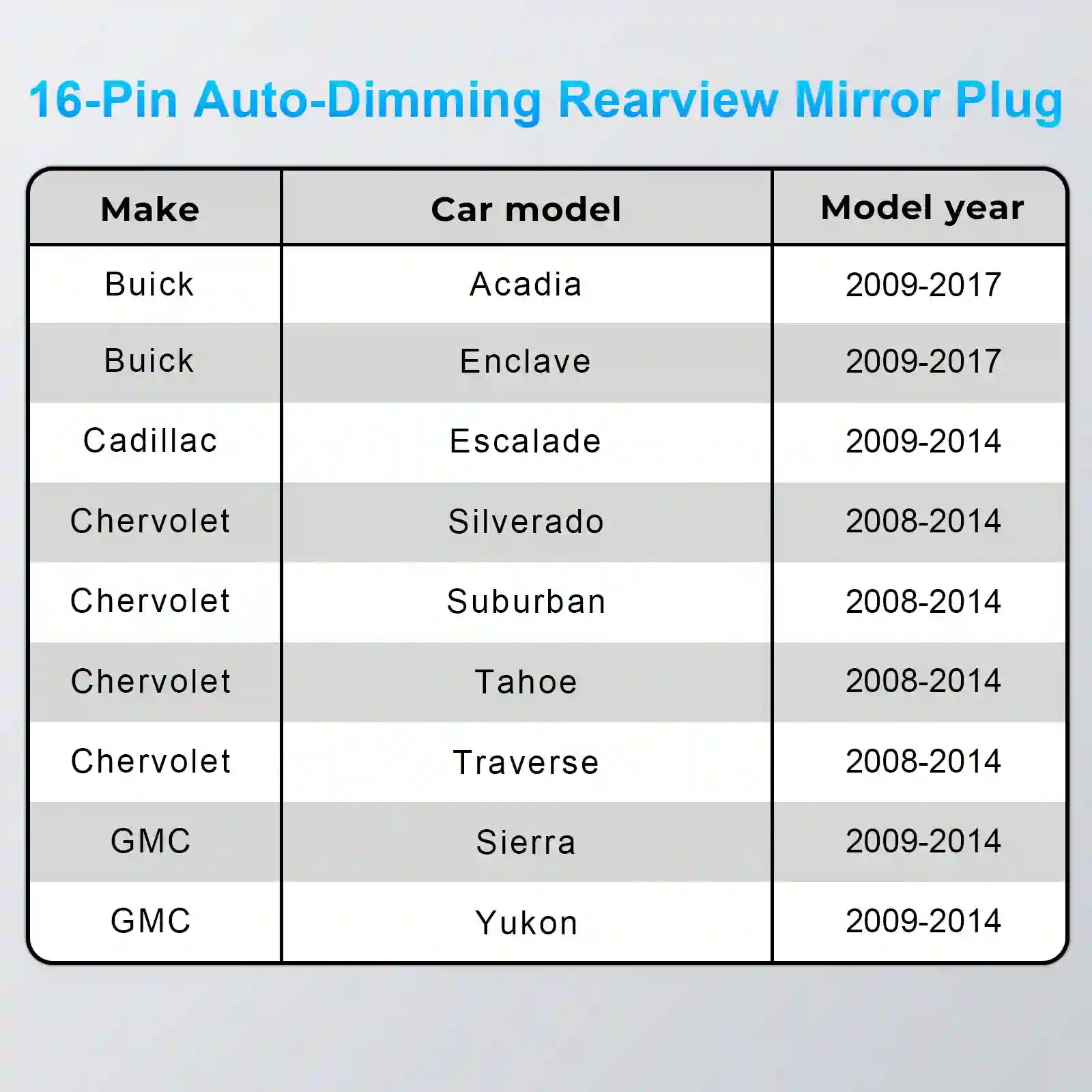 Table listing car models and their model years compatible with a 16-pin auto-dimming rearview mirror plug.