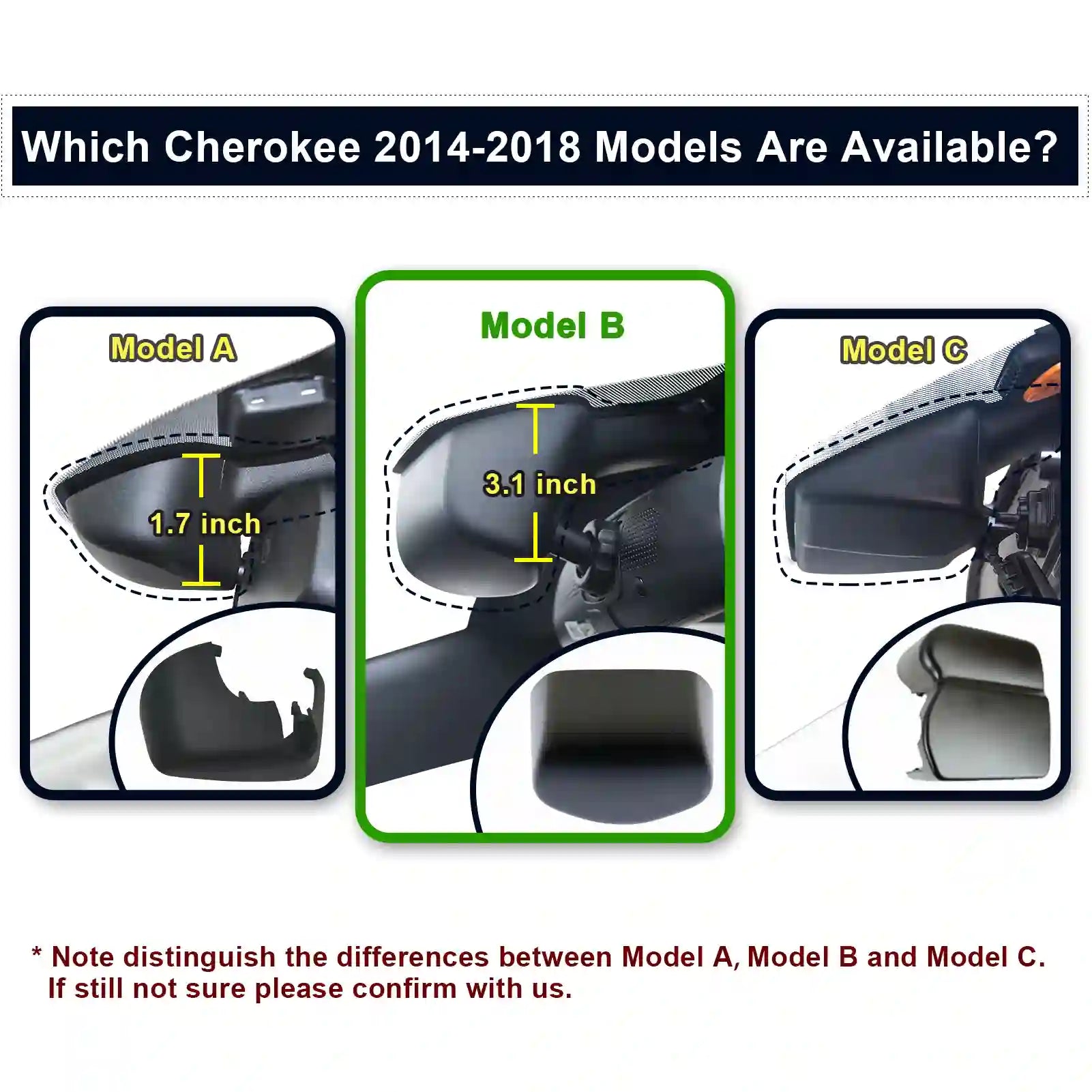 Comparison chart of three models (A, B, C) for 2014-2018 Cherokee OEM camera mirrors with measurements.