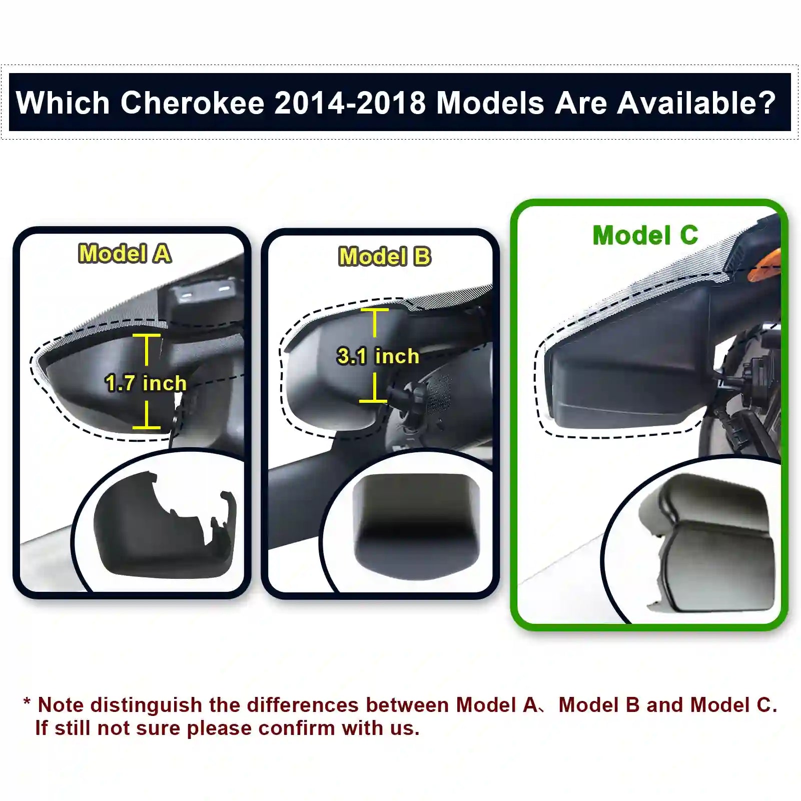 Comparison chart of three car mirror models (A, B, C) with measurements and a note for clarification. for Jeep_Cherokee_2014-2018 by mangoal tech dash camera 