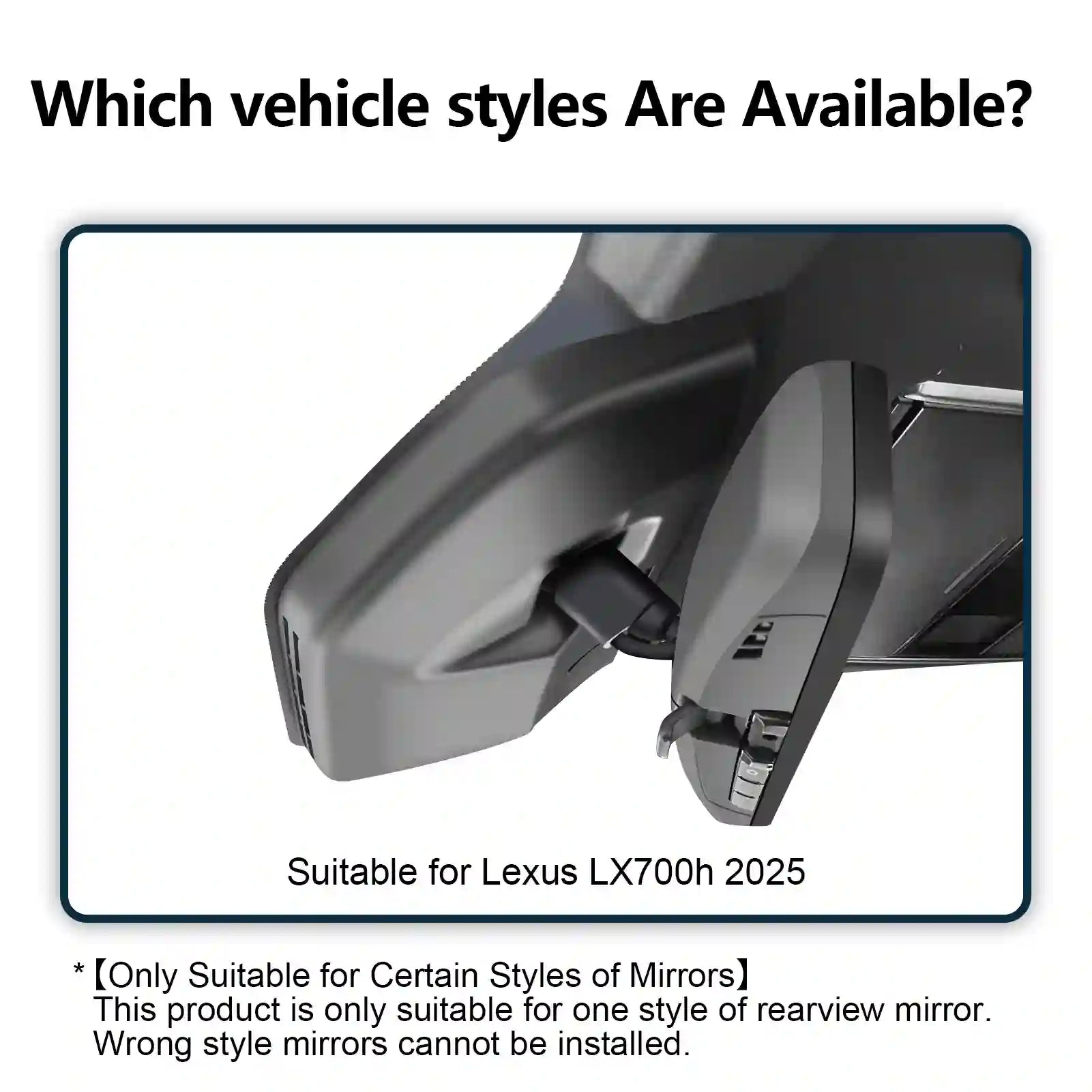 Rearview mirror adapter suitable for Lexus LX700h 2025 with text indicating compatibility.