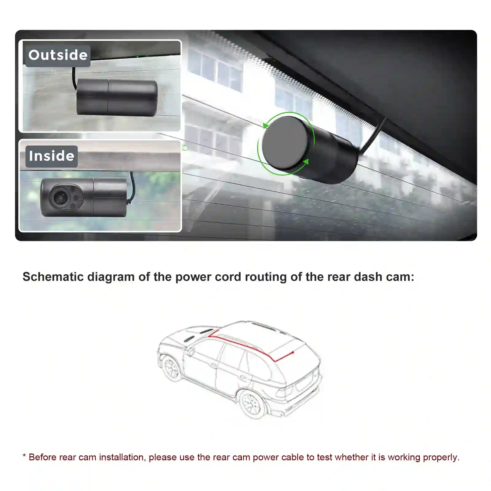 Car rear view camera installation diagram with power cord routing on a white background.