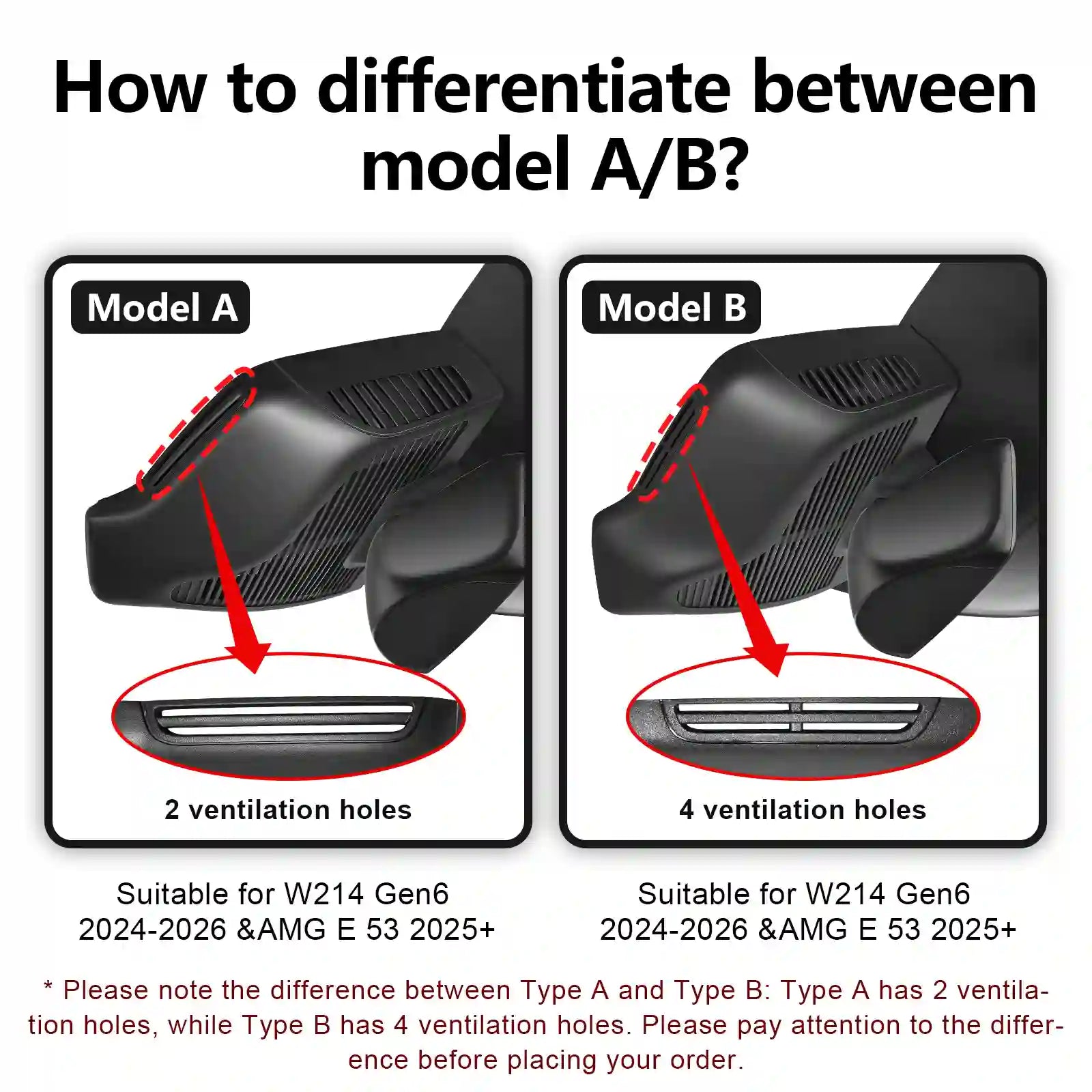 Comparison of Model A and Model B with ventilation hole differences on a white background. Mercedes Gen-6 E-Class model A and B dual dash camera 