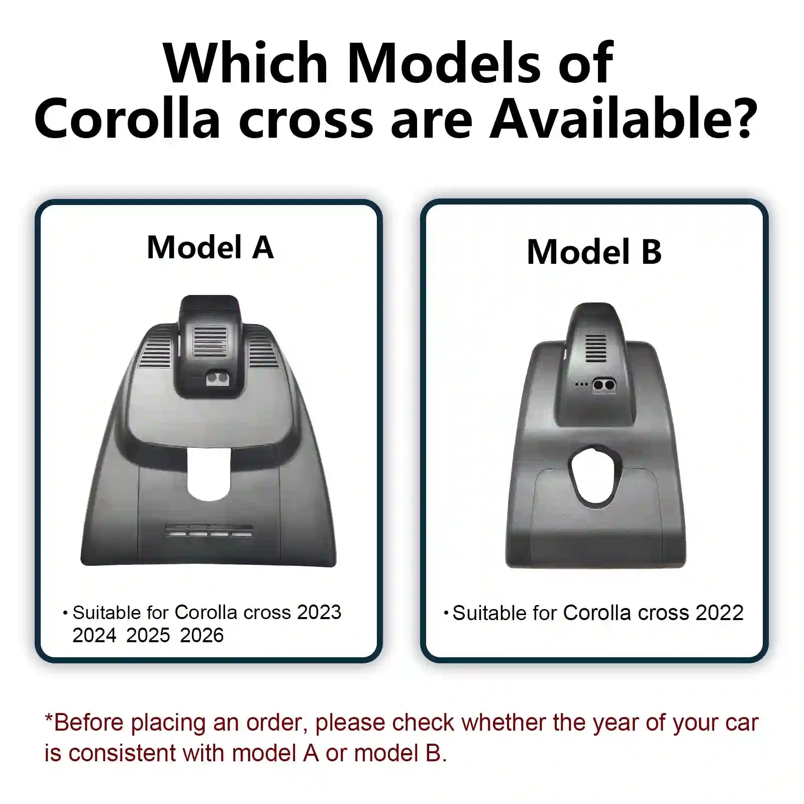 Two models of Corolla cross car parts with text indicating compatibility years.
