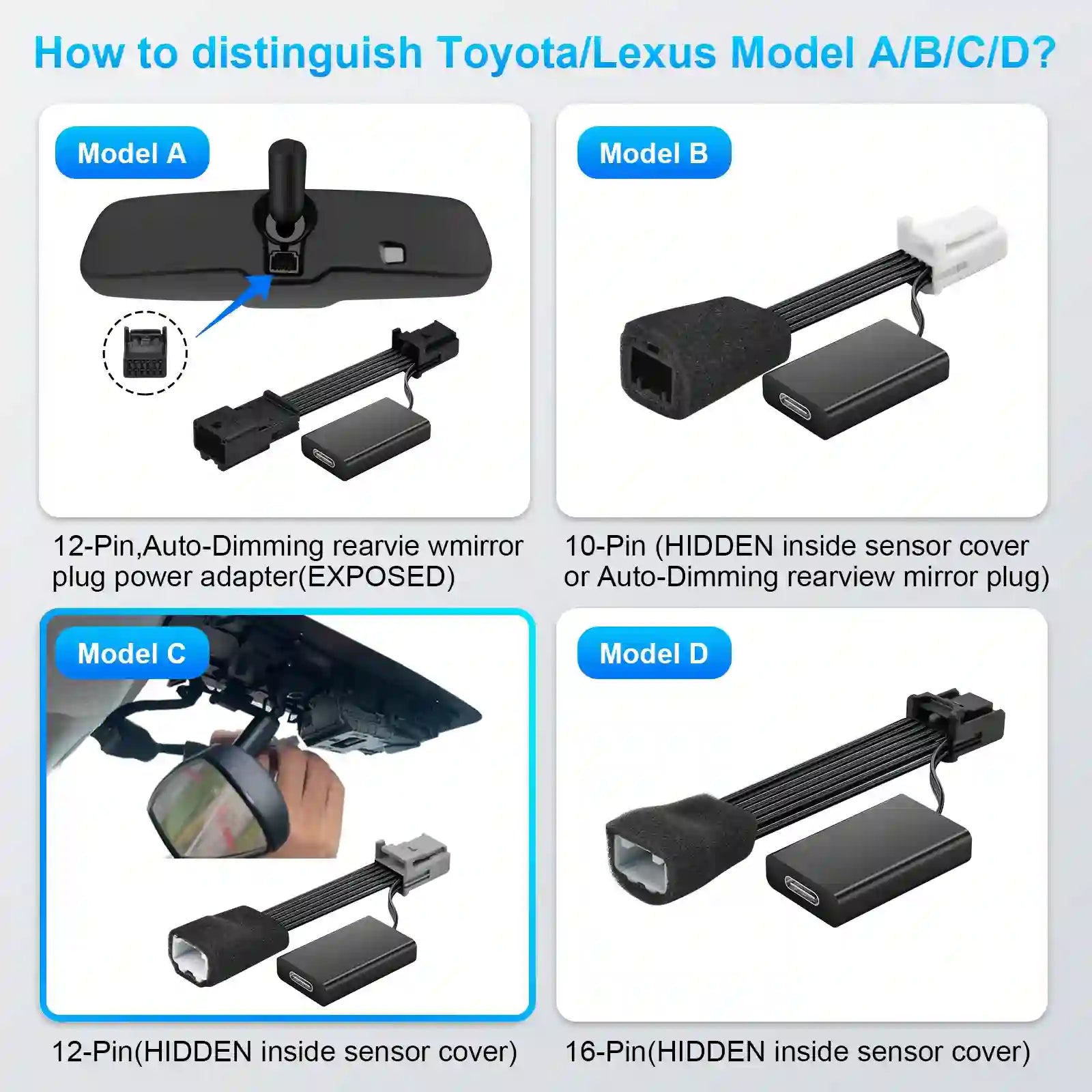 Comparison chart showing different models of Toyota and Lexus car mirror parts.