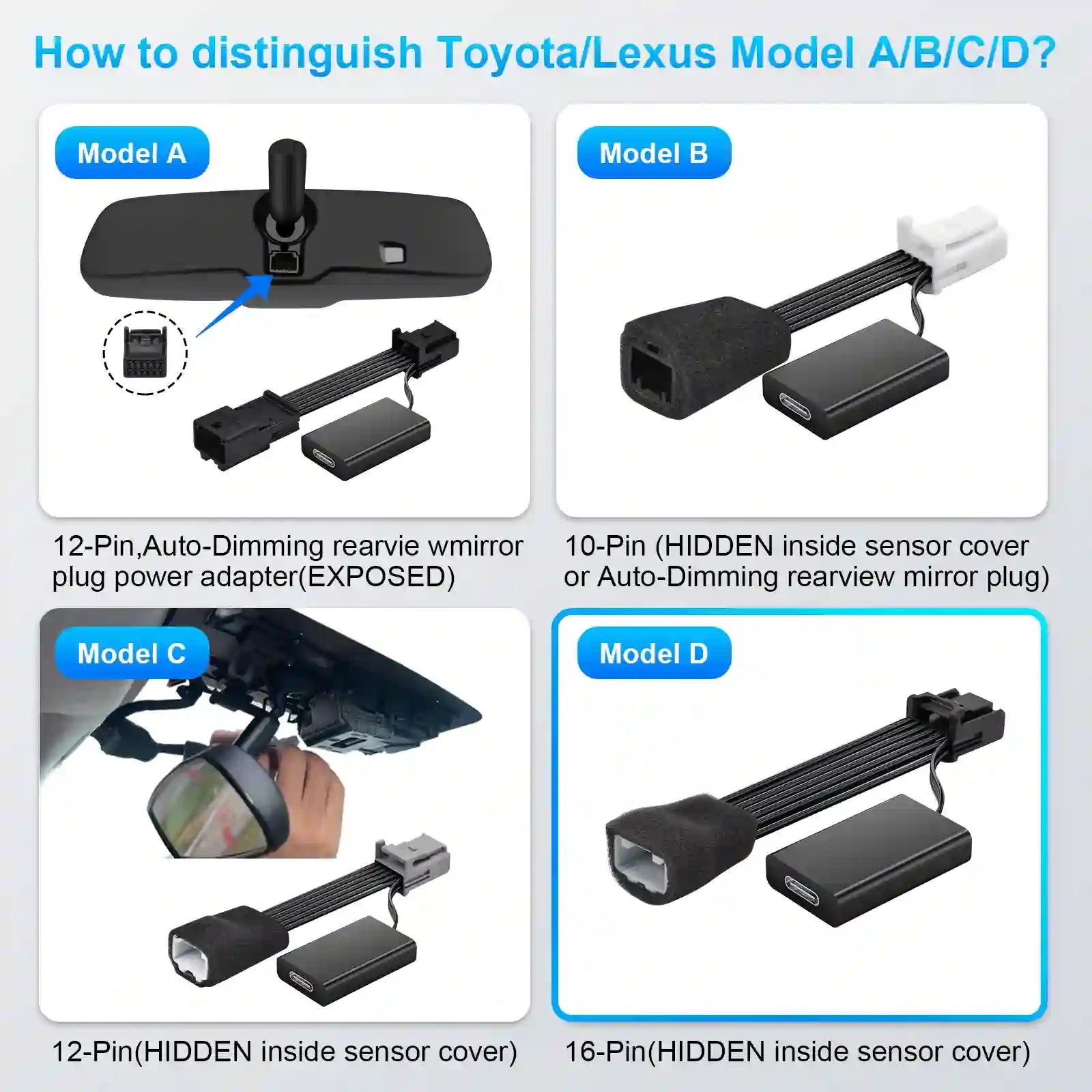 Comparison chart showing different models of Toyota and Lexus car mirror connectors.