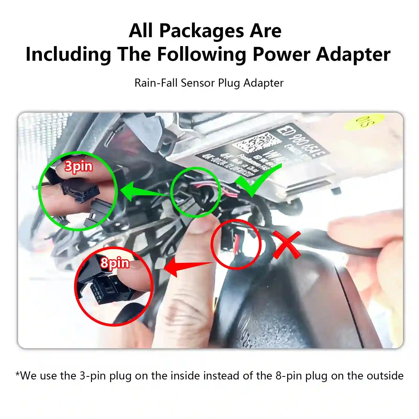 Power adapter with 3-pin and 8-pin plugs, labeled with text and arrows.
