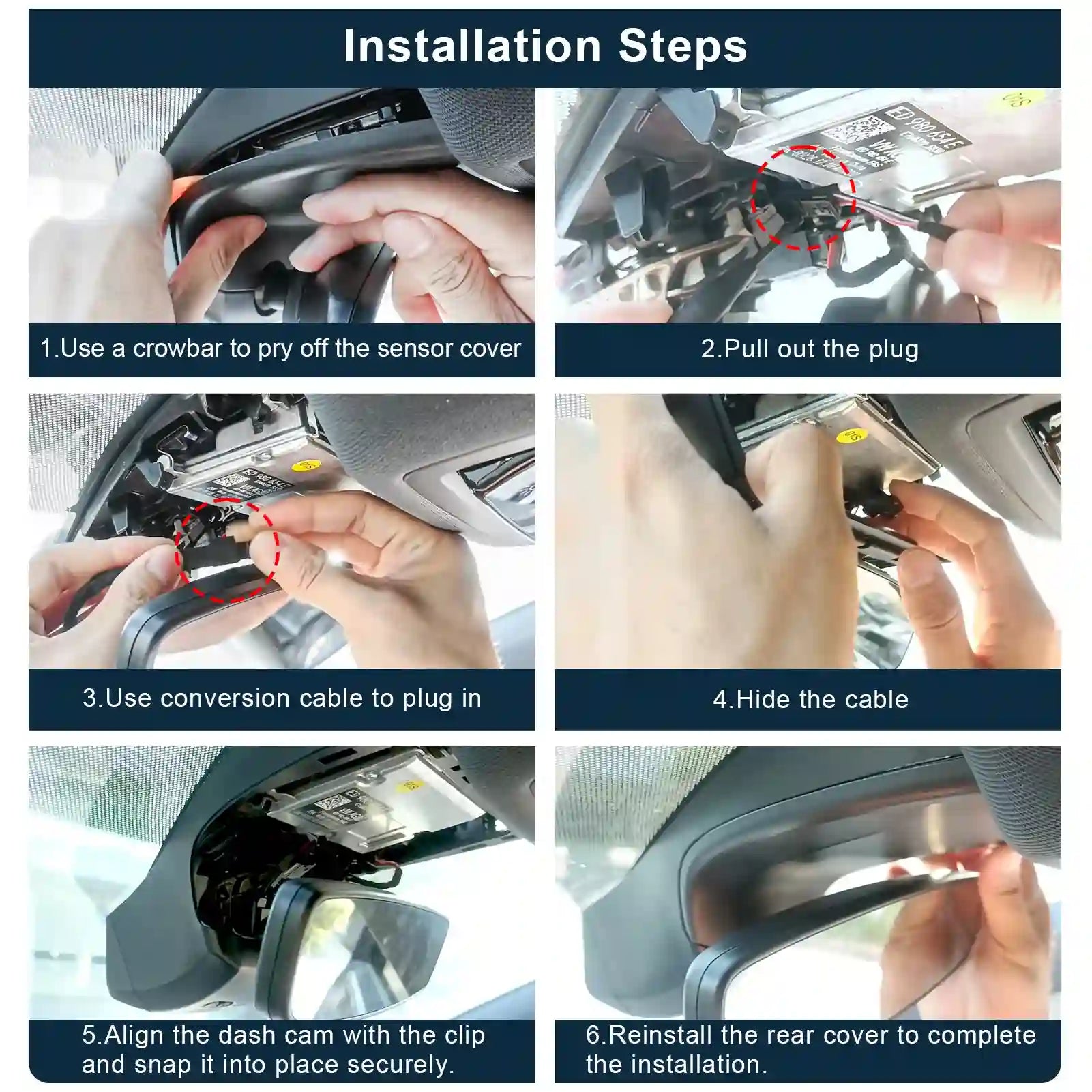 Step-by-step guide on installing a car dashboard camera with close-up shots of hands performing each action.