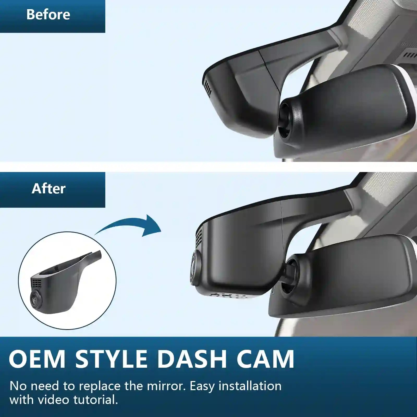 Before and after comparison of a car dash cam installation with mirror integration.