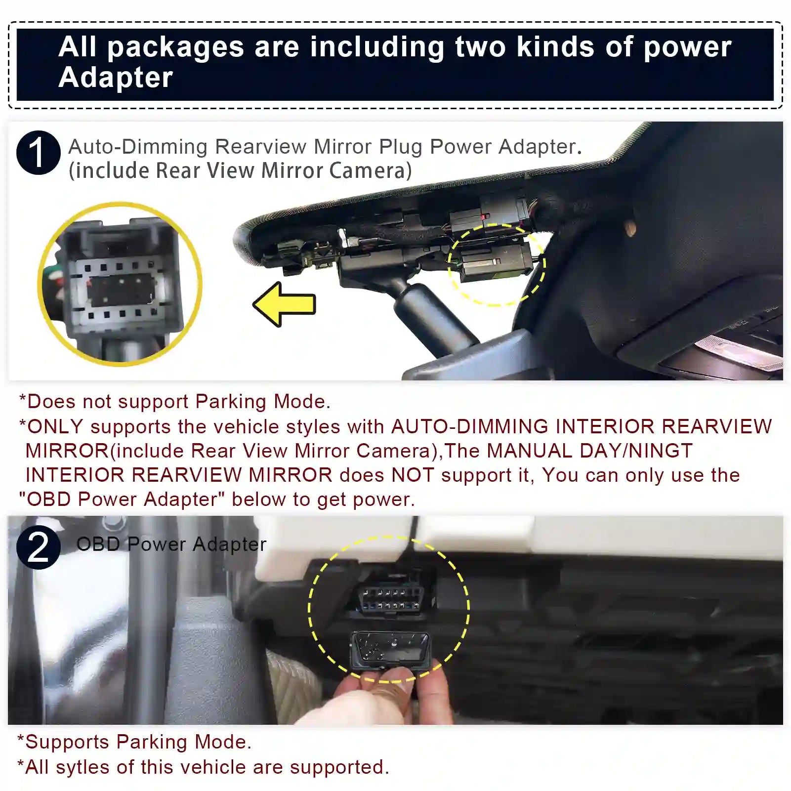 Instructions on using power adapters for a car's auto-dimming rearview mirror and OBD system.