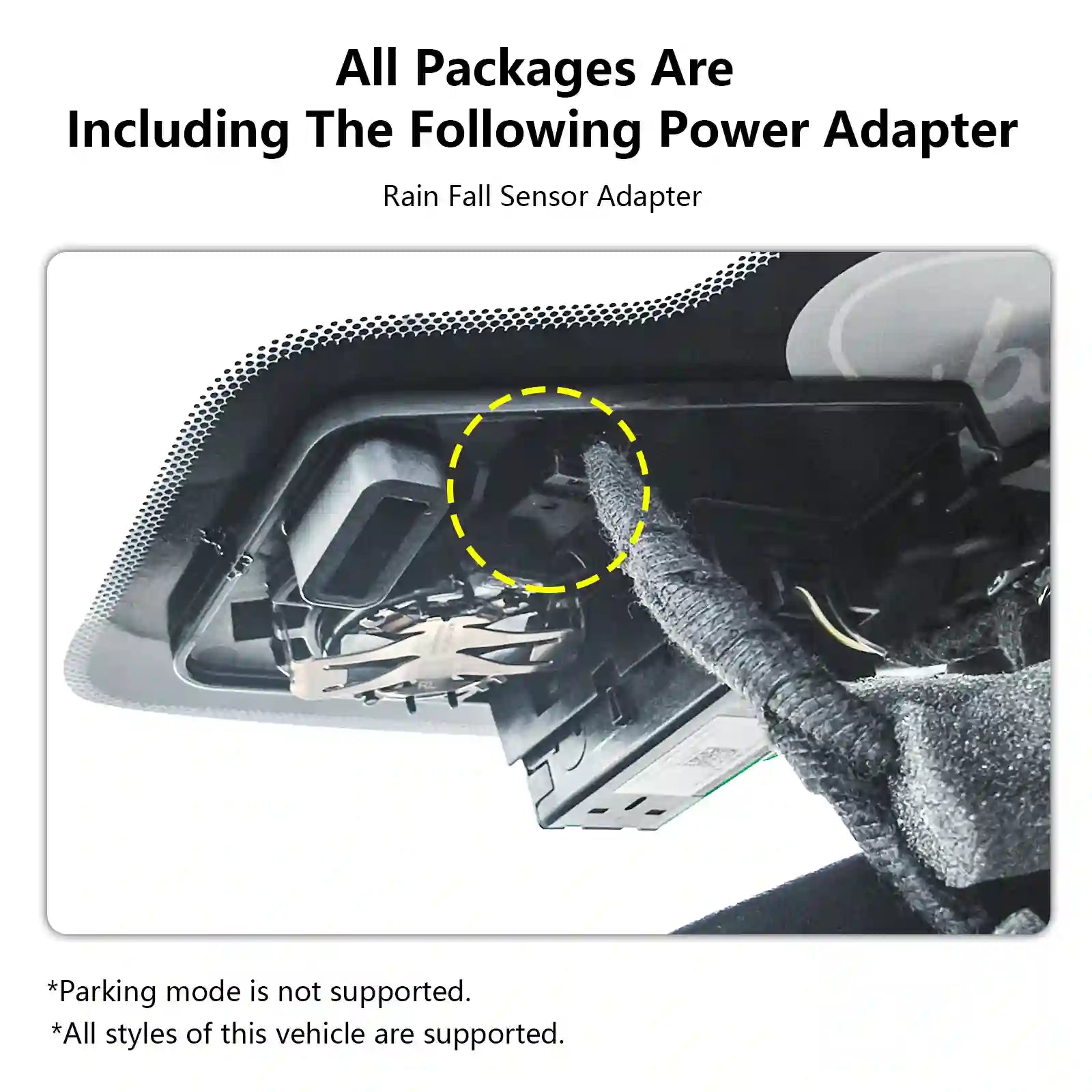 Car interior with rain fall sensor adapter highlighted, text indicating power adapter inclusion.