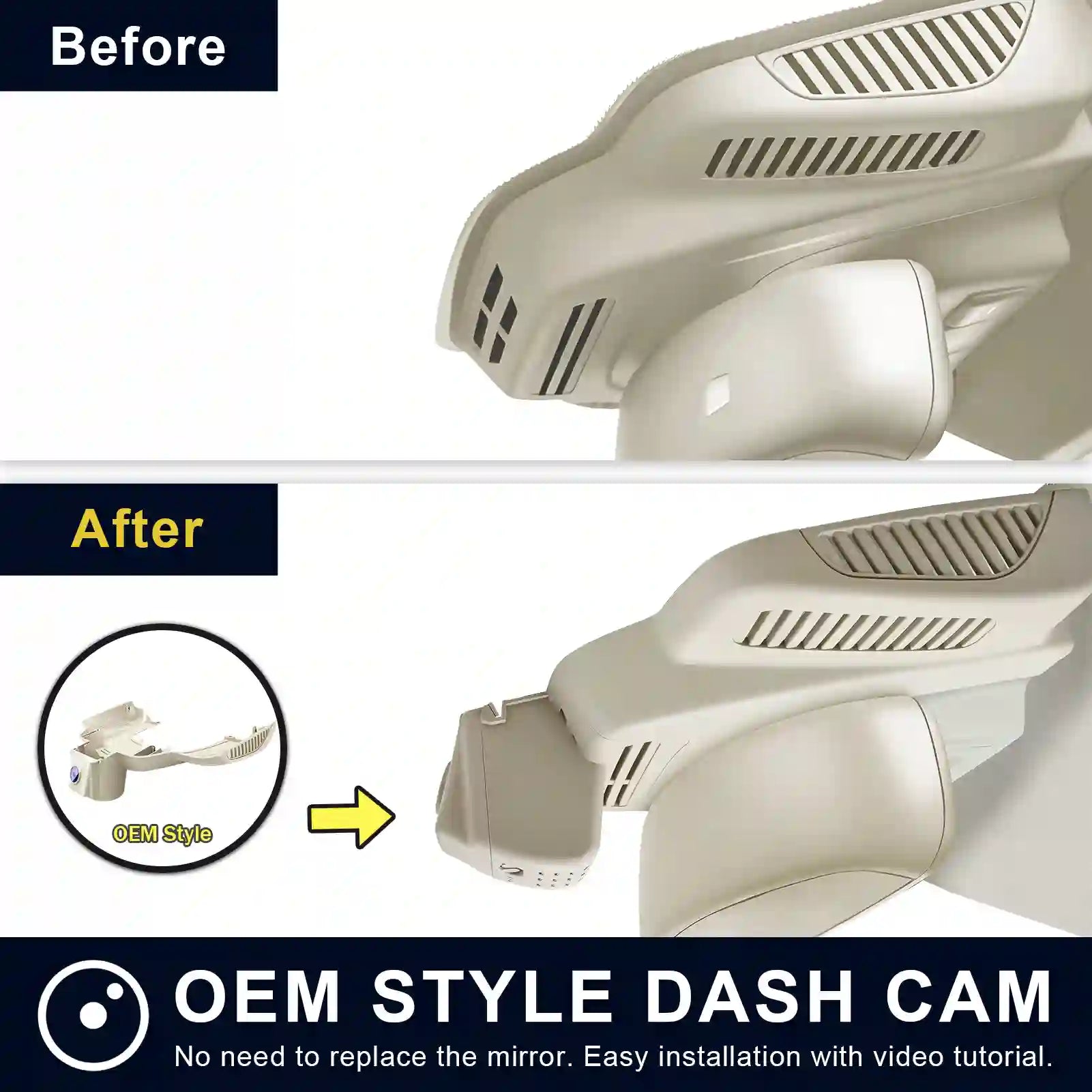 Comparison of OEM style dash cam before and after installation on a vehicle.