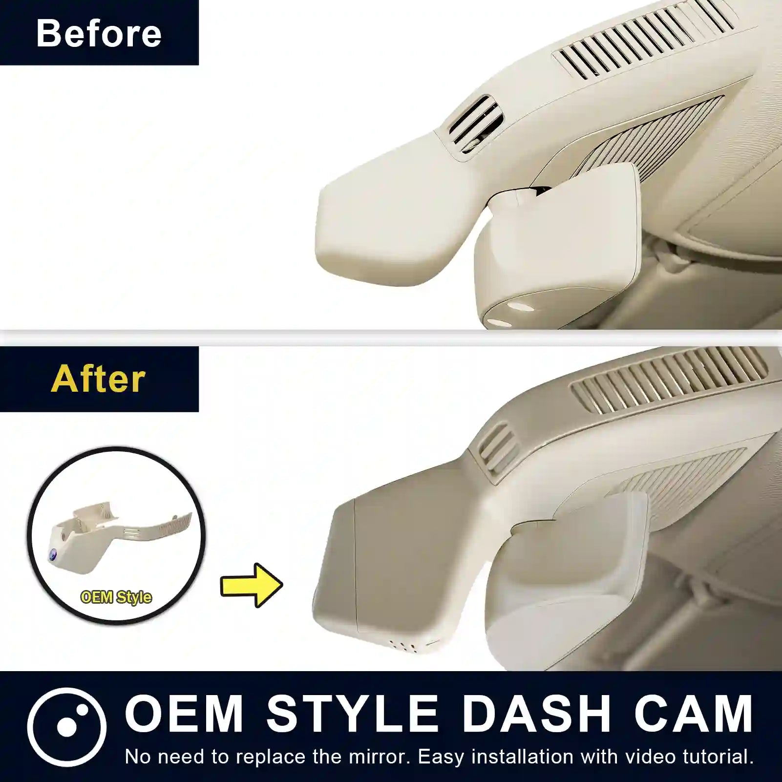 Comparison of a car mirror with and without an OEM style dash cam installation. Marcedez-Benz_Beig