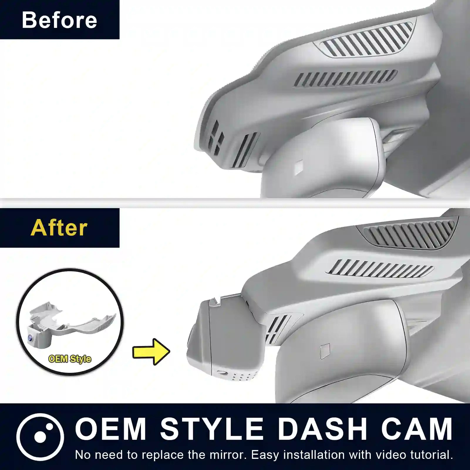 Comparison of OEM style dash cam before and after installation on a car rearmirror.