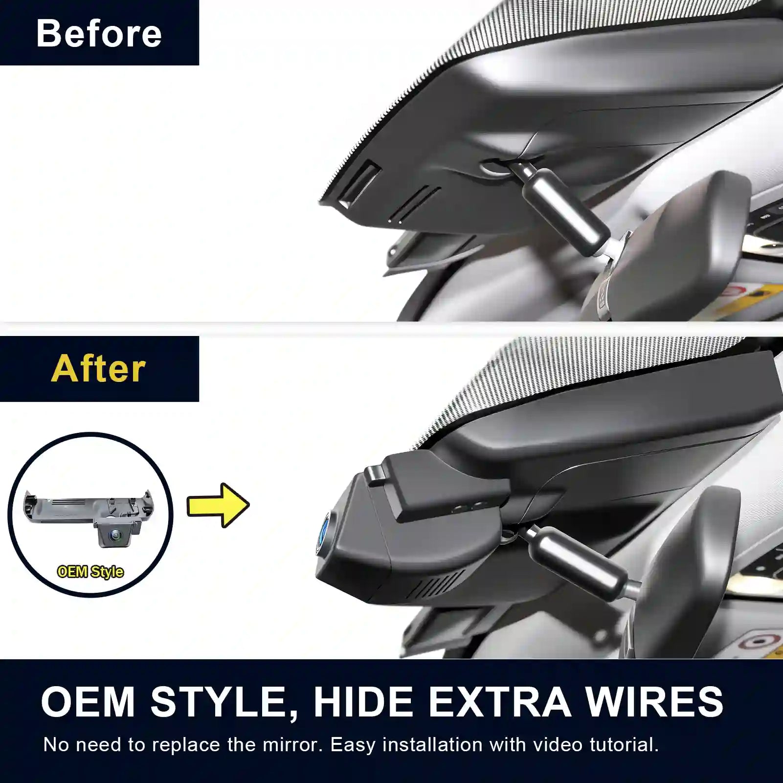 Before and after comparison of a OEM styles dash camera in rear mirror with additional features.