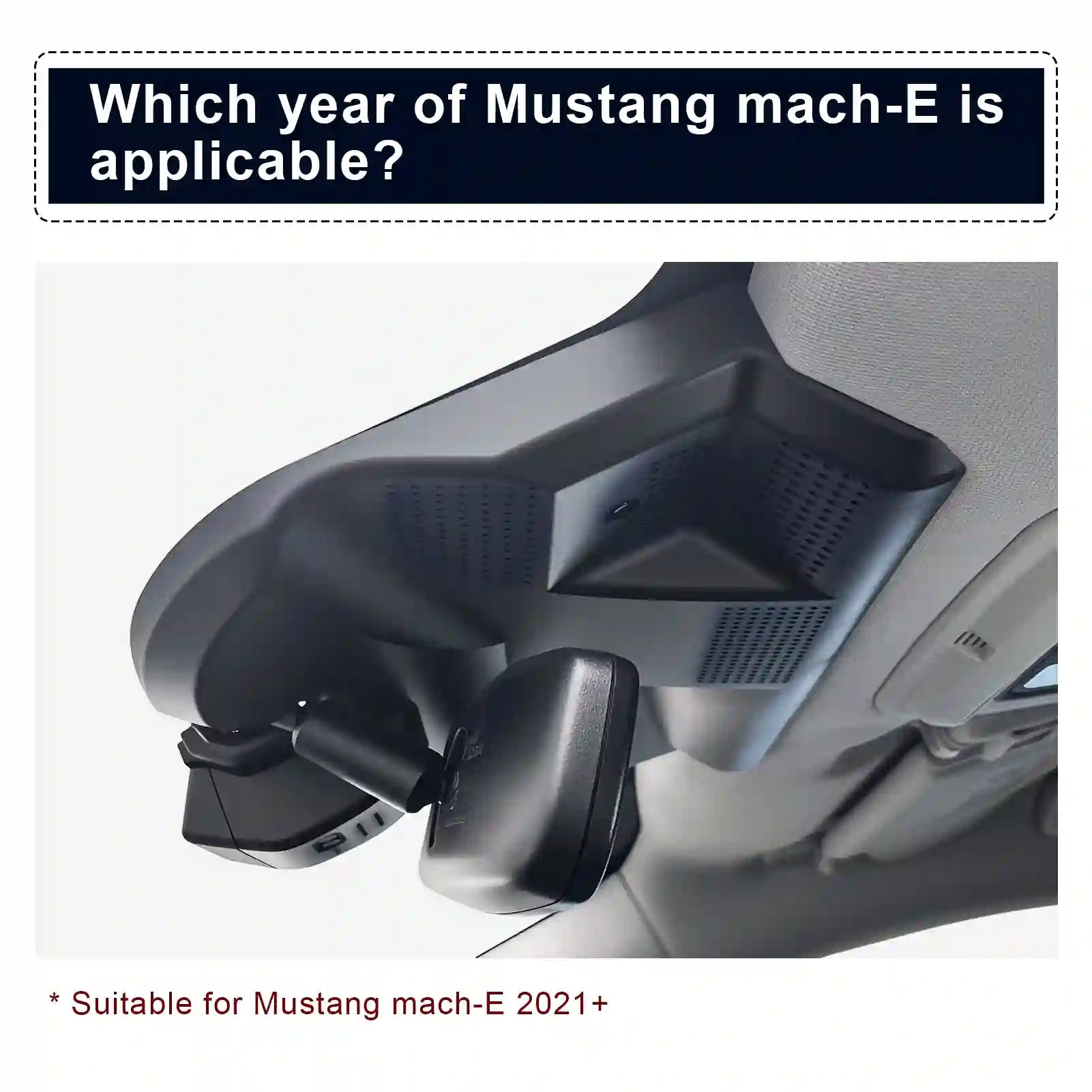 Car interior with a headrest and text indicating compatibility with Mustang mach-E 2021+