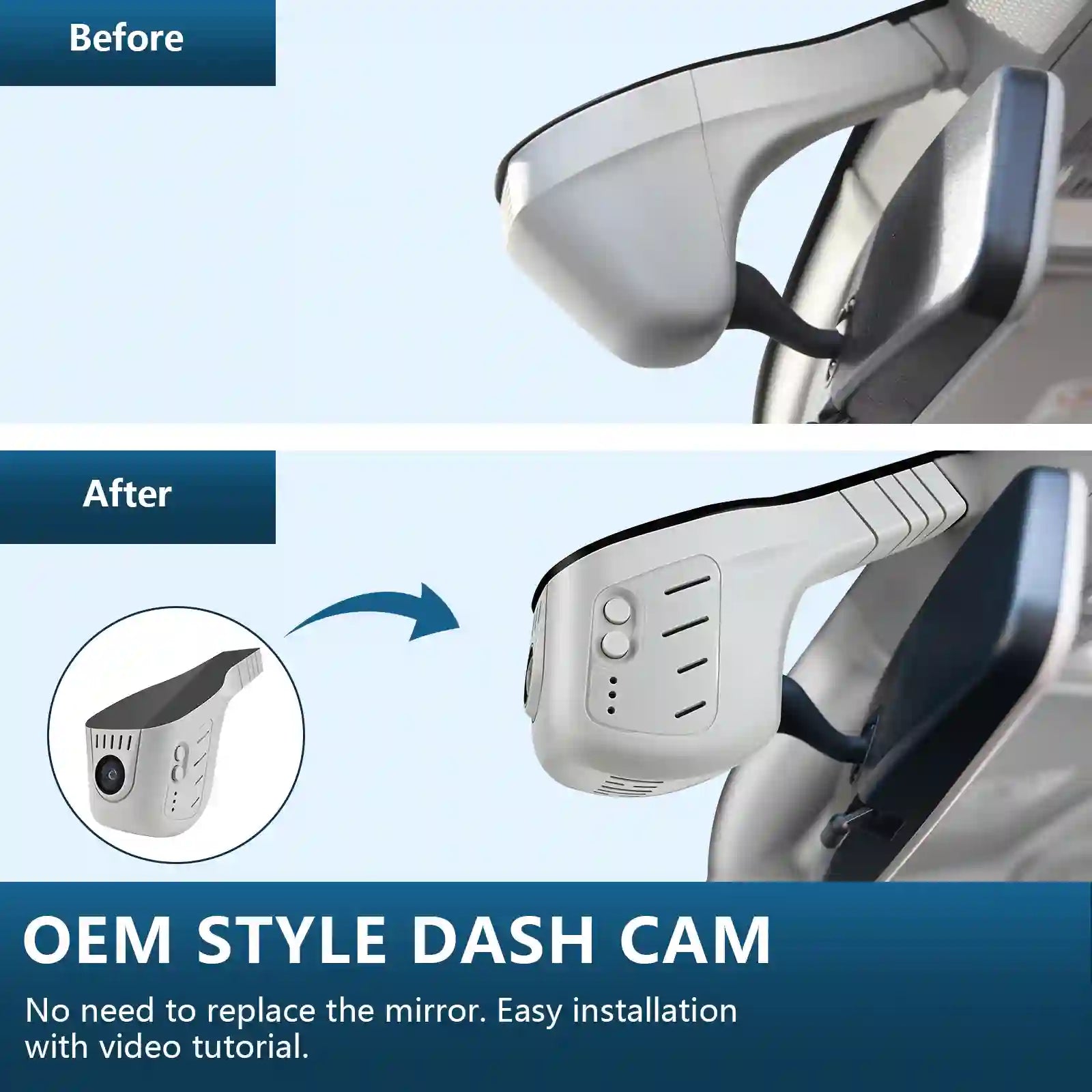 Before and after comparison of an OEM style dash cam installation on a car mirror.