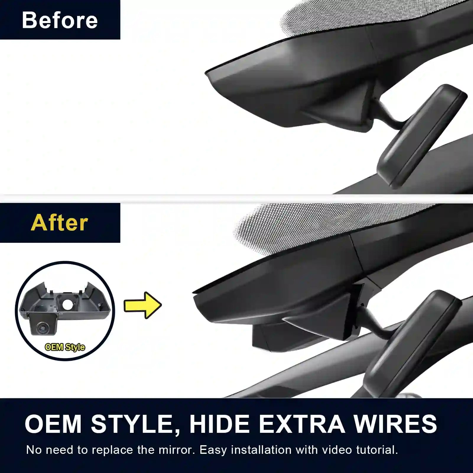Before and after comparison of a car mirror with text indicating 'OEM Style, Hide Extra Wires' and ease of installation Volkawagen_ID.3 .