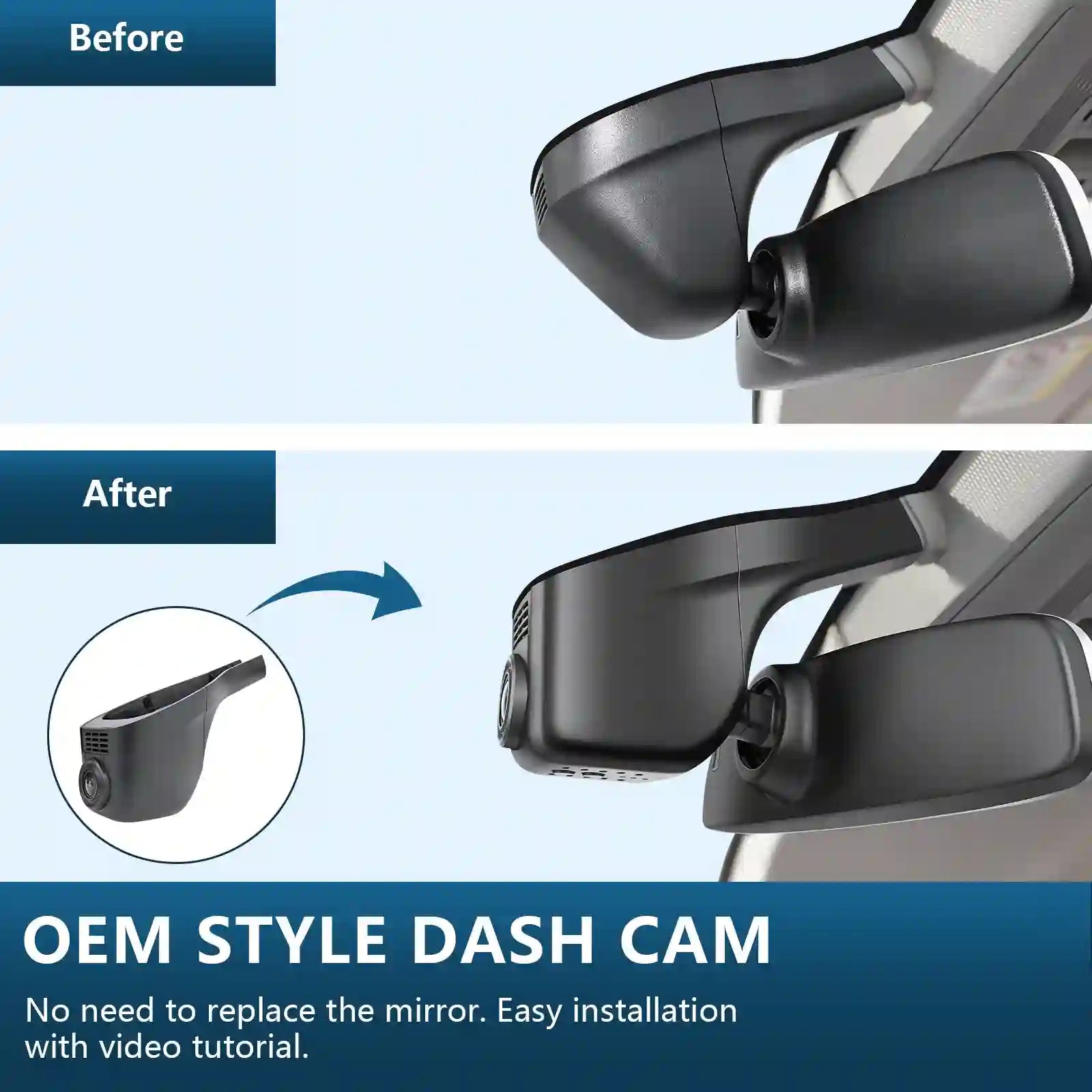 Before and after comparison of a car mirror with an OEM style dash cam installation.