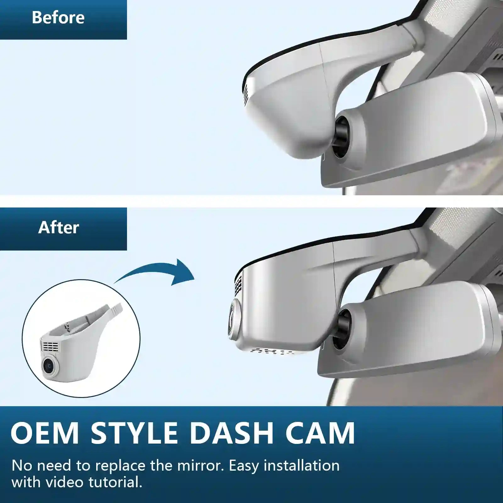 Comparison of OEM style dash cam installation with and without mirror replacement on a blue background.